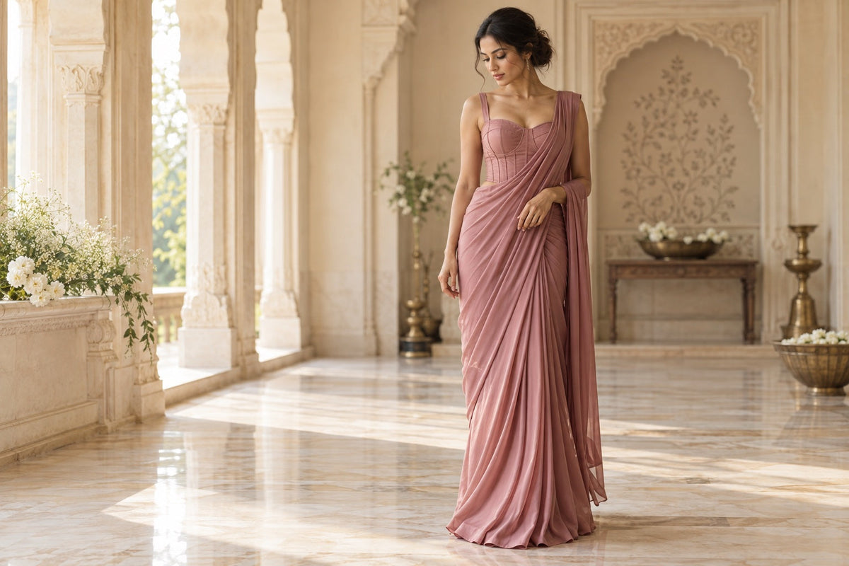 Woman in a modern dusty-rose pre-stitched drape saree in a warm heritage interior