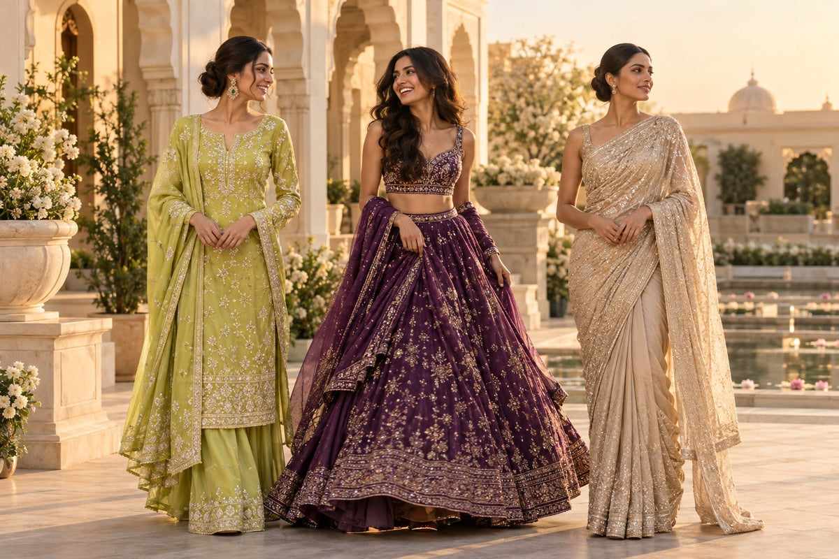 Three women in distinct modern Indian wedding occasion looks in a warm palace courtyard