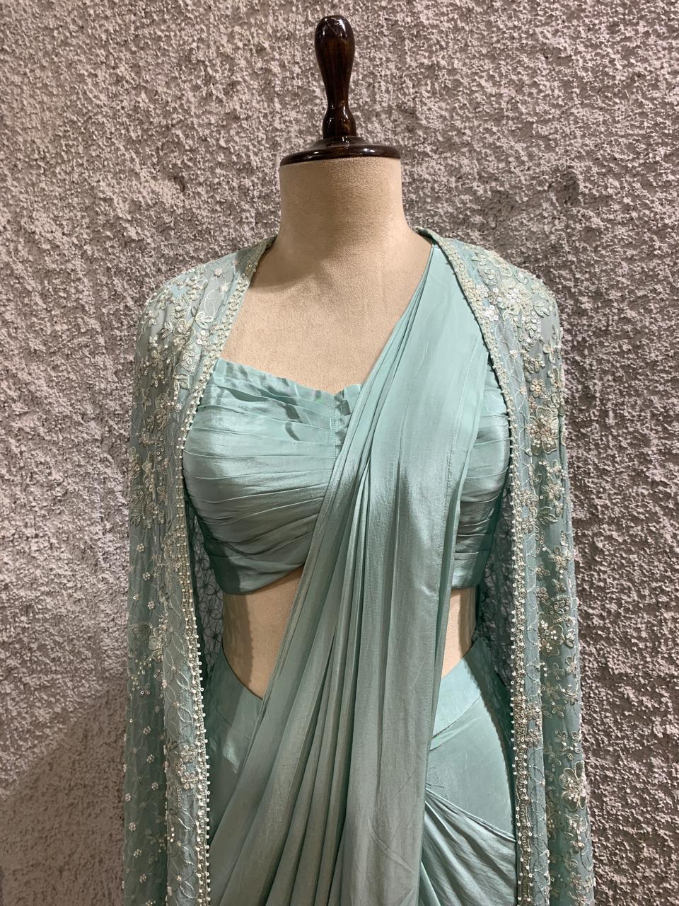 drape saree with heavy embroidred shrug-focus
