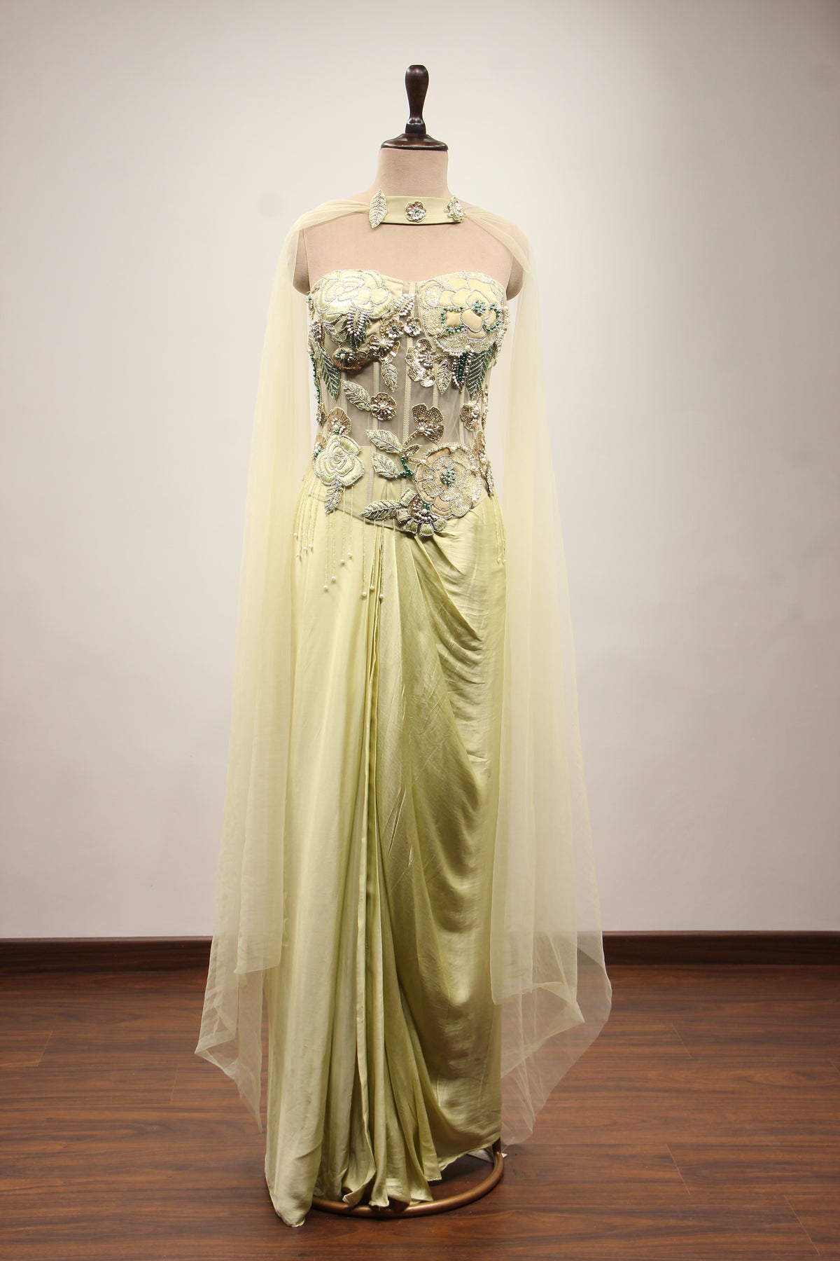 Pista Green Satin Indo Western with Hand Embroidery & Resham Handwork – front view