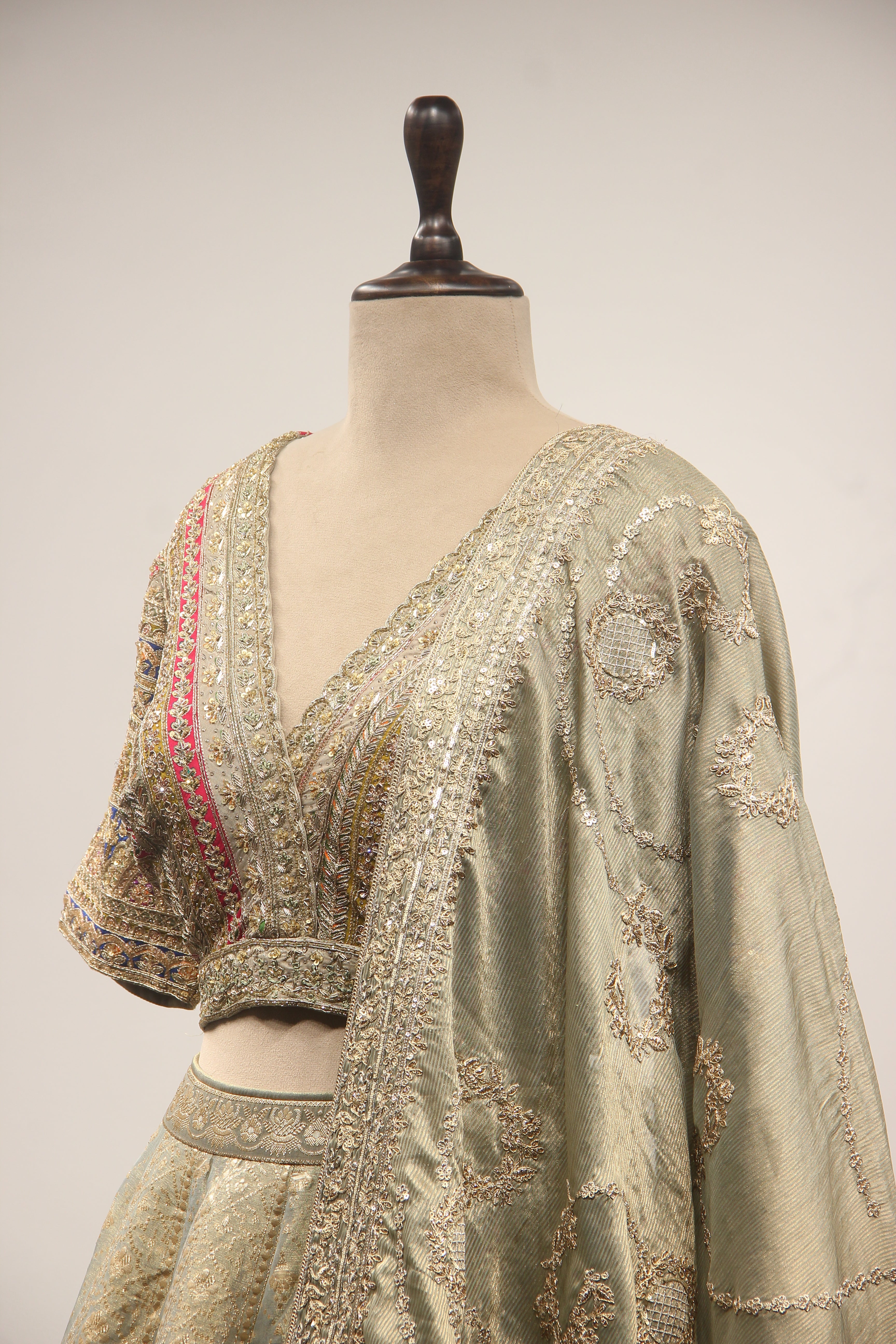 Olive Green Banarasi Brocade-Tissue Lehenga with Zardozi & Sequin Handwork Crop Top