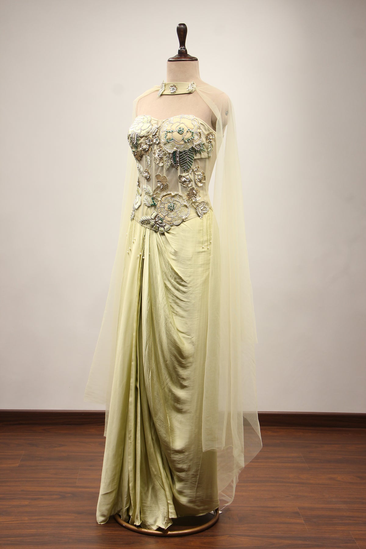 Pista Green Satin Indo Western with Hand Embroidery & Resham Handwork – side view