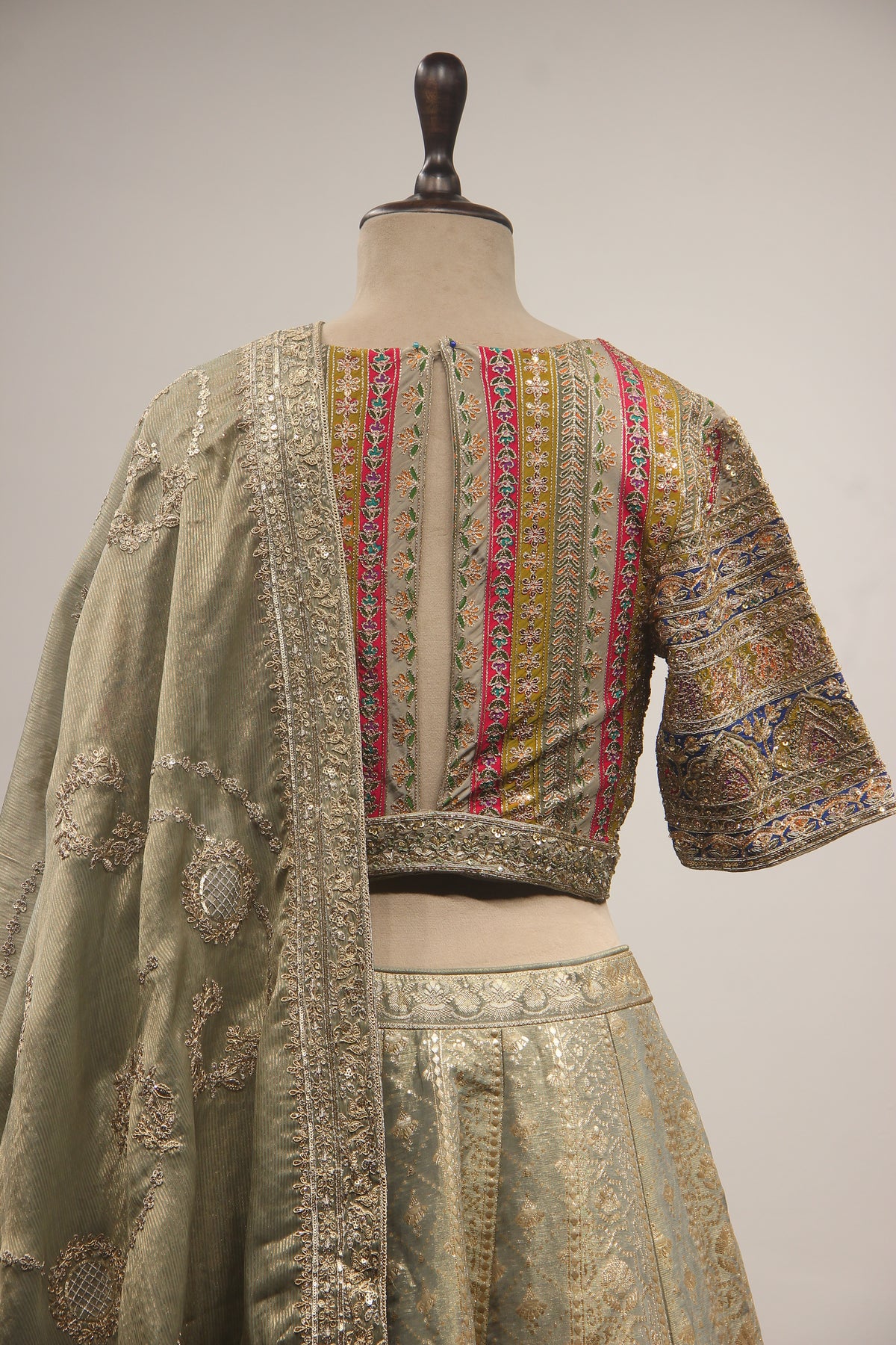 Olive Green Banarasi Brocade-Tissue Lehenga with Zardozi & Sequin Handwork Crop Top