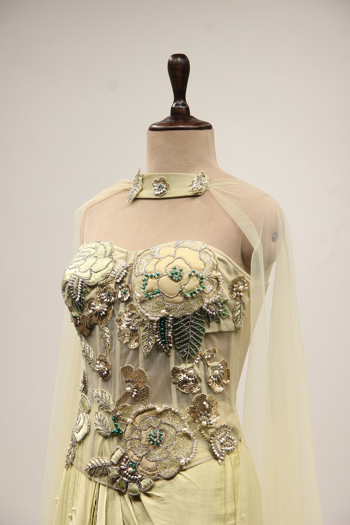 Pista Green Satin Indo Western with Hand Embroidery & Resham Handwork – side close-up