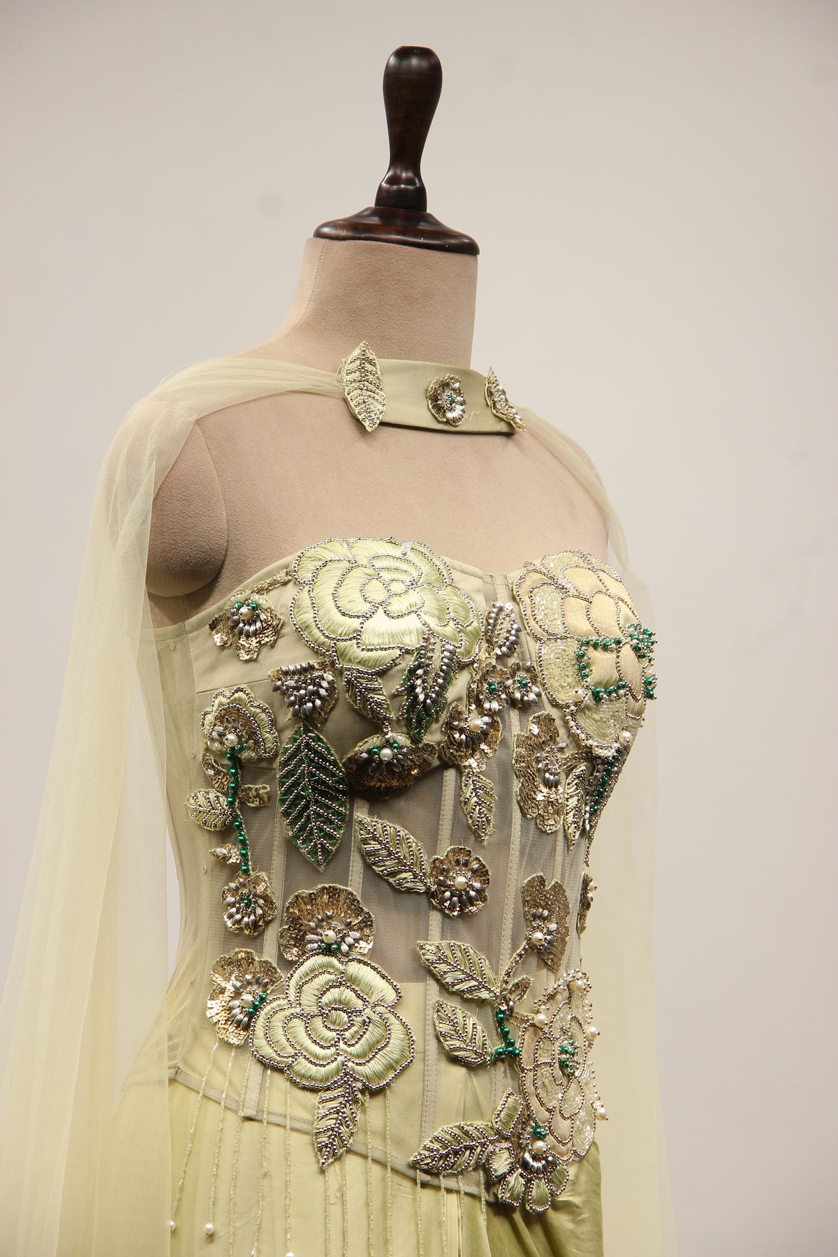 Pista Green Satin Indo Western with Hand Embroidery & Resham Handwork – other side close-up