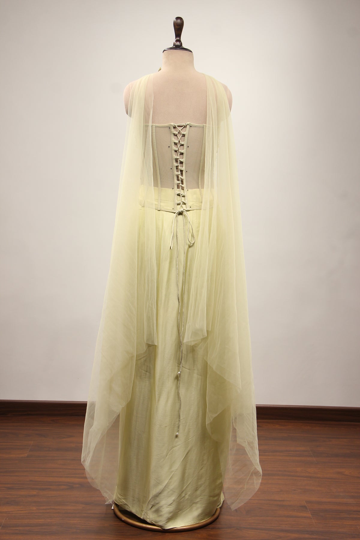 Pista Green Satin Indo Western with Hand Embroidery & Resham Handwork – back view