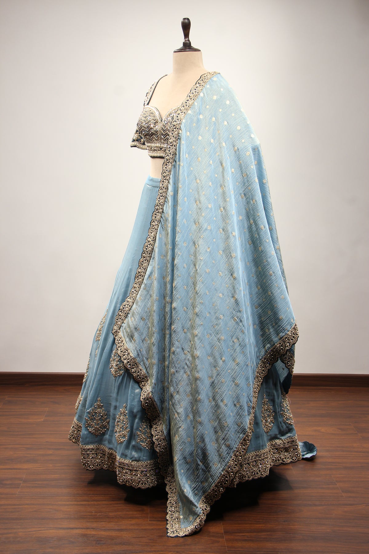 Blue Tissue Lehenga with Zari & Zardozi Handwork Sweetheart Crop Top – side view