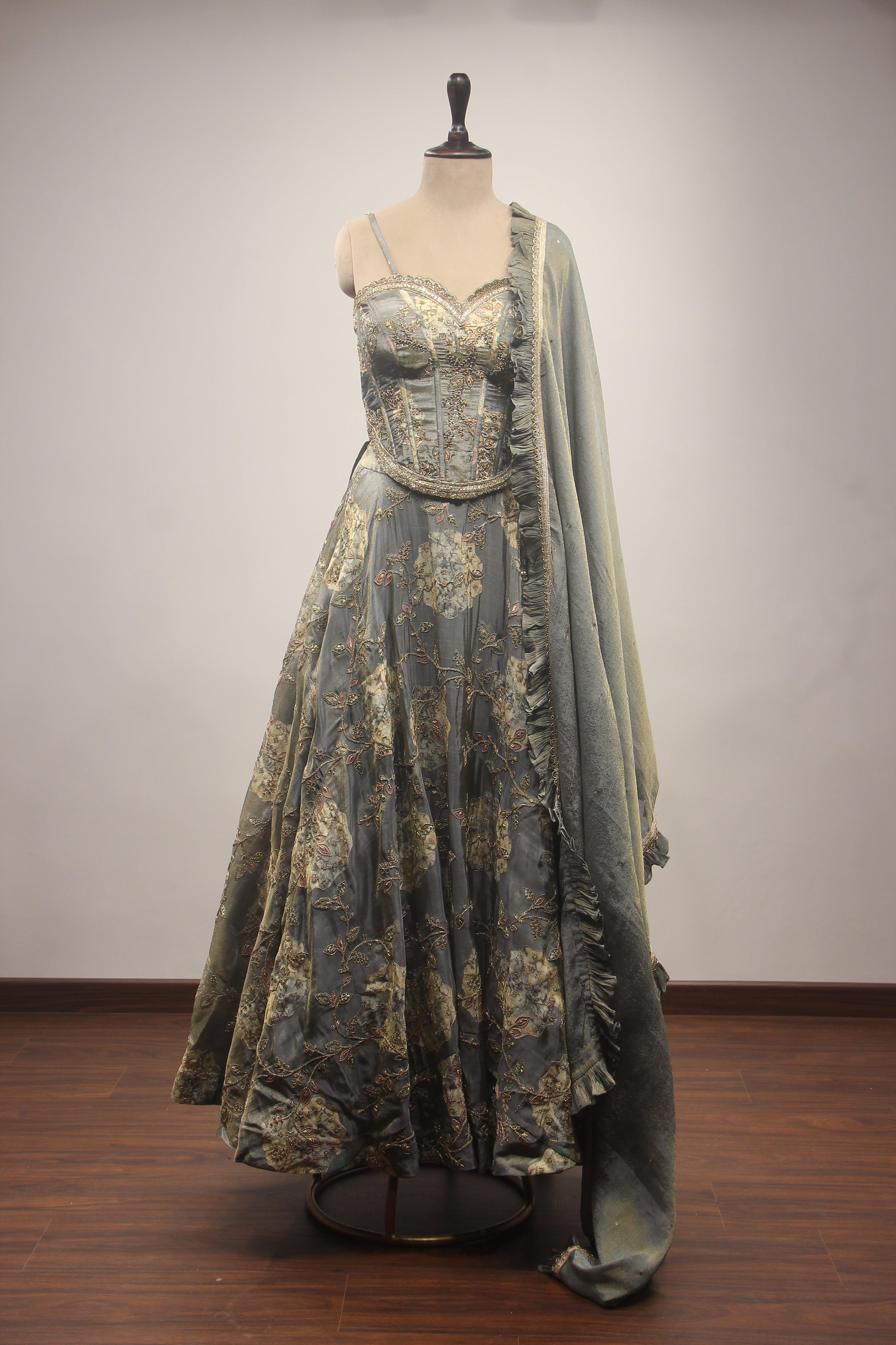 Grey Tissue Lehenga with Zari & Sequin Handwork Corset Blouse