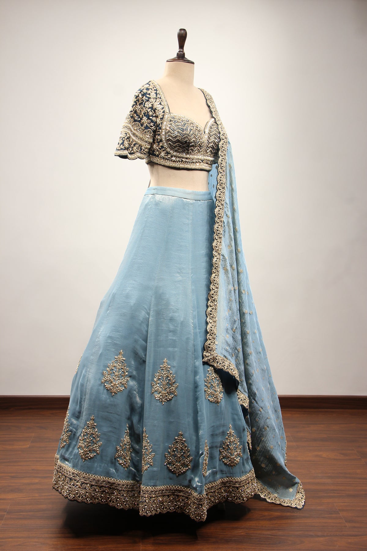 Blue Tissue Lehenga with Zari & Zardozi Handwork Sweetheart Crop Top – other side view