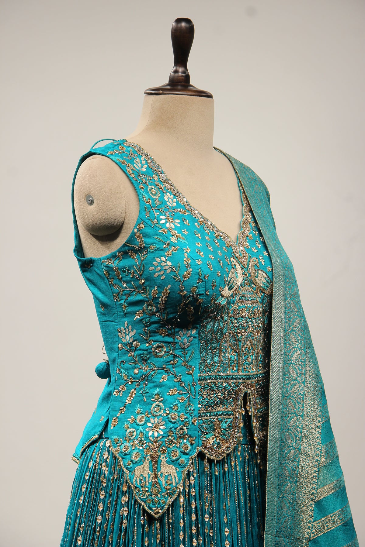 Rama Green Crepe Lehenga with Mirror & Gota Patti Handwork Long Top