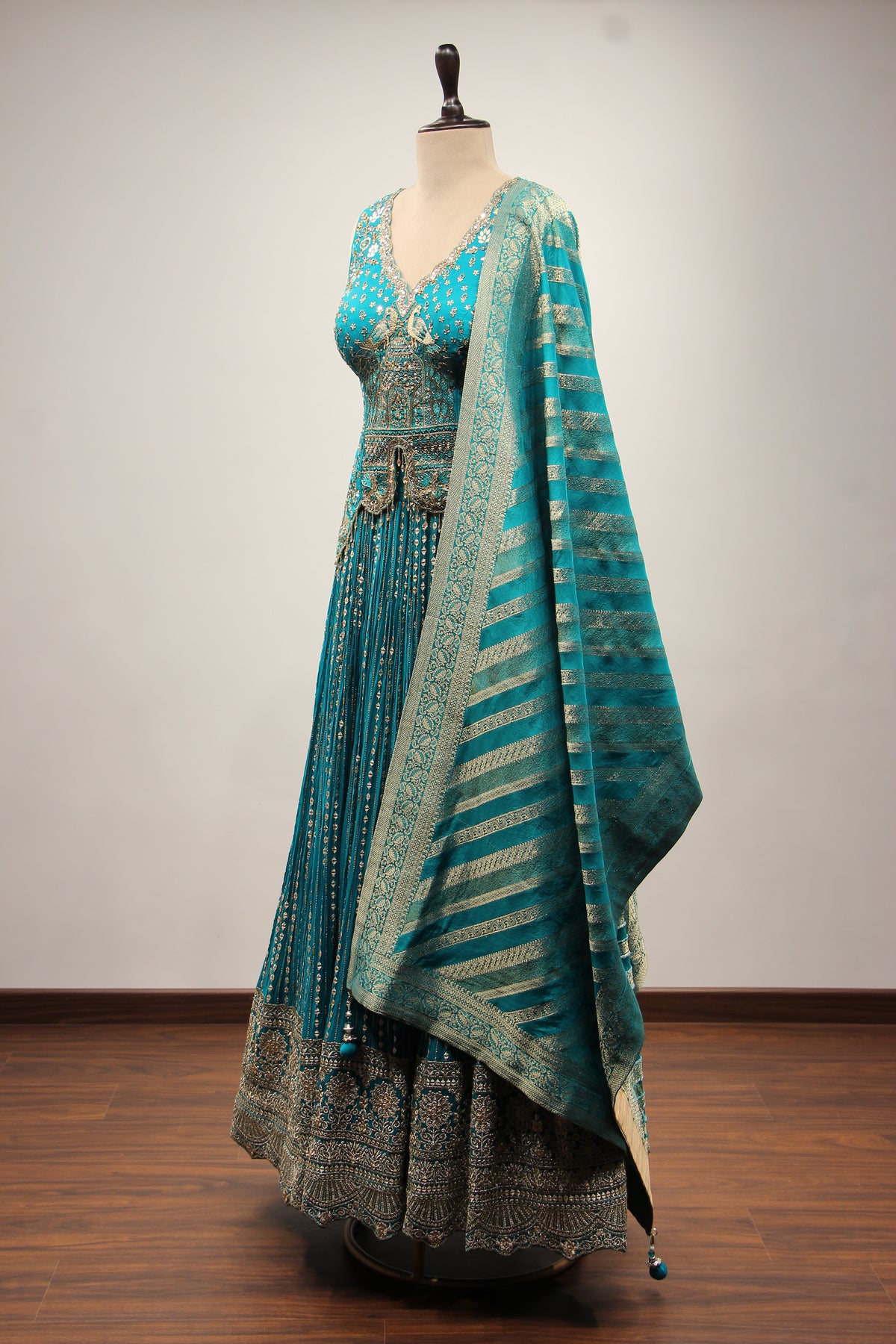 Rama Green Crepe Lehenga with Mirror & Gota Patti Handwork Long Top