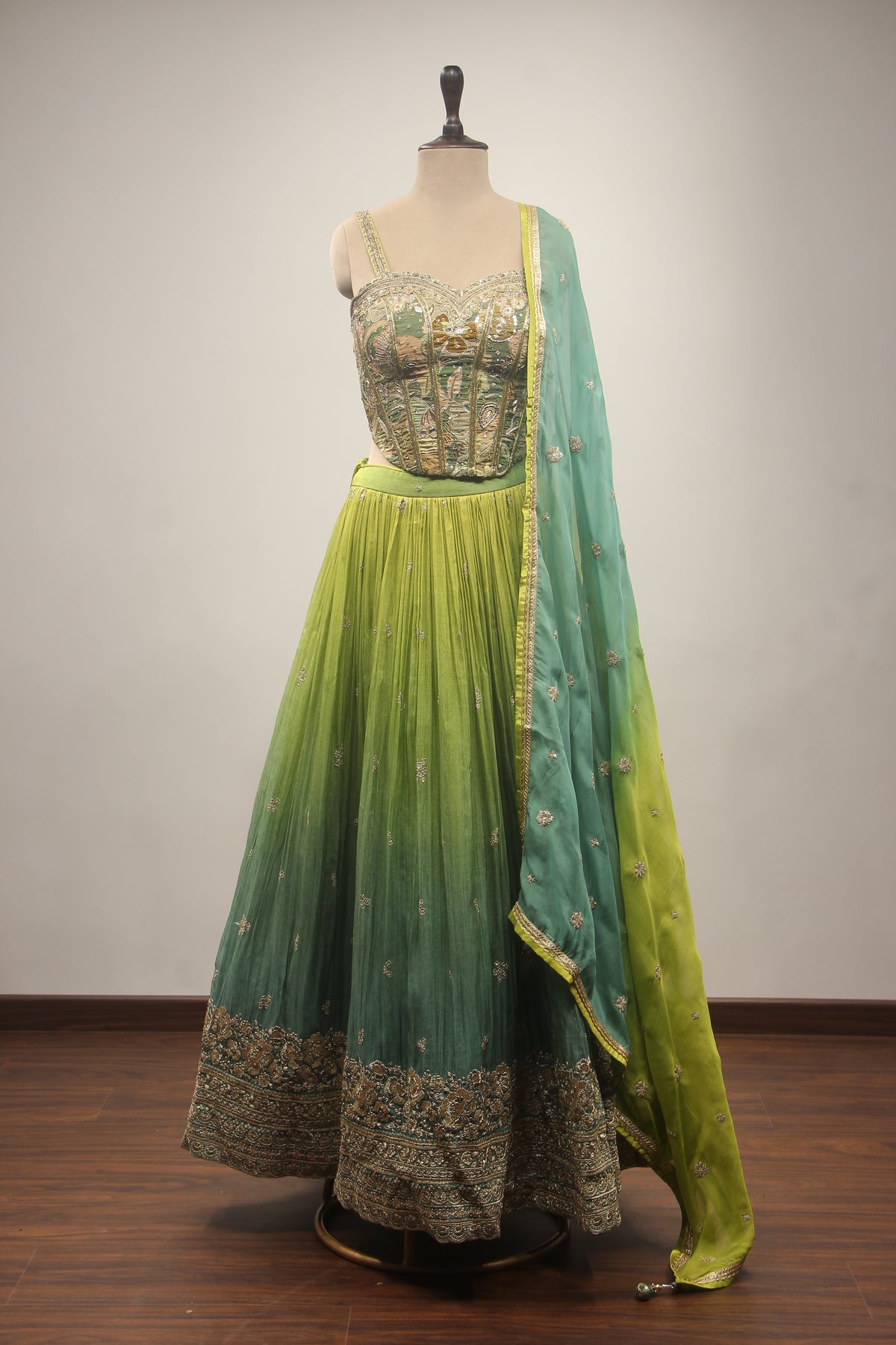 Green Tissue Lehenga with Corset Blouse, Printed & Cut Dana Handwork