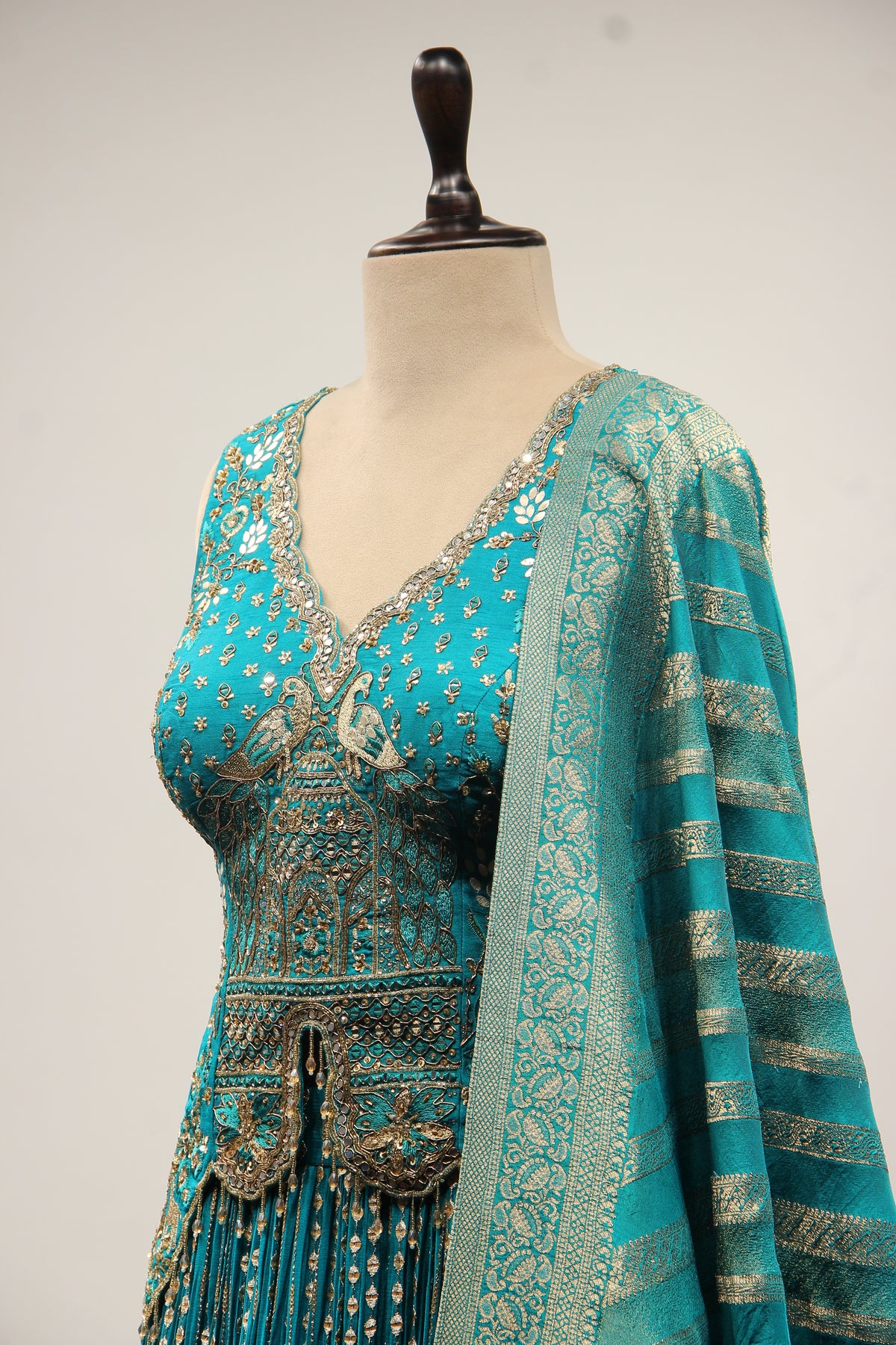 Rama Green Crepe Lehenga with Mirror & Gota Patti Handwork Long Top
