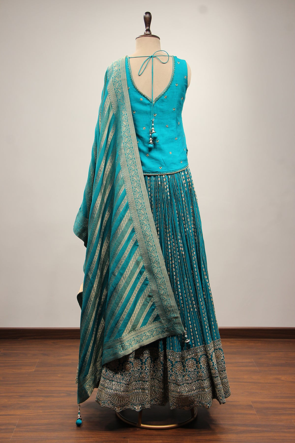 Rama Green Crepe Lehenga with Mirror & Gota Patti Handwork Long Top