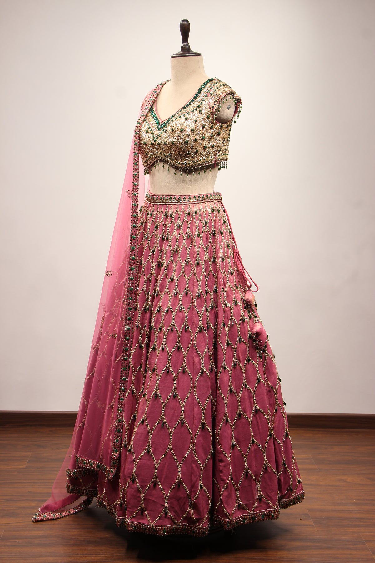 Onion Pink Shimmer Tissue Lehenga, Hand Embroidery & Sequin Handwork – side view