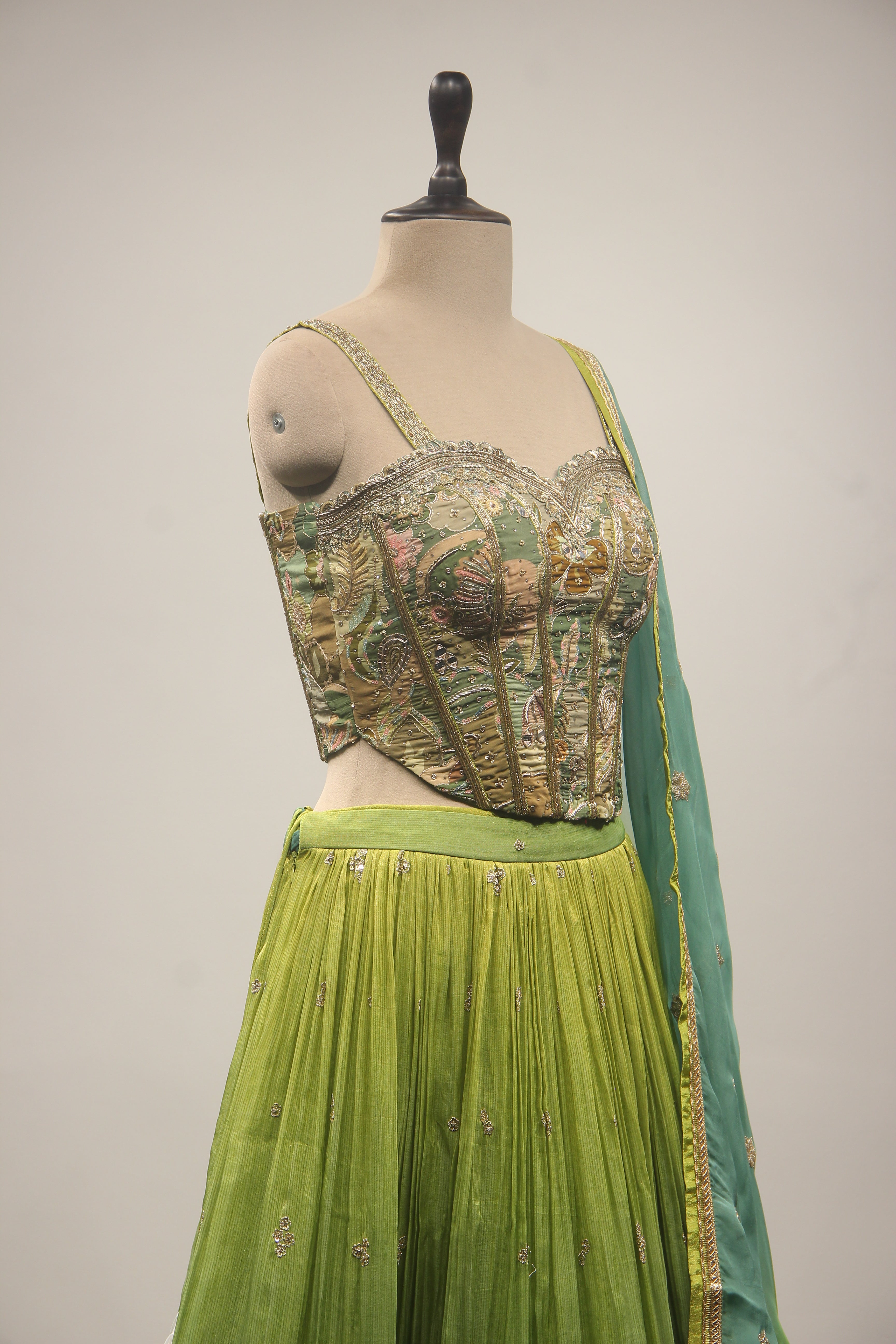 Green Tissue Lehenga with Corset Blouse, Printed & Cut Dana Handwork