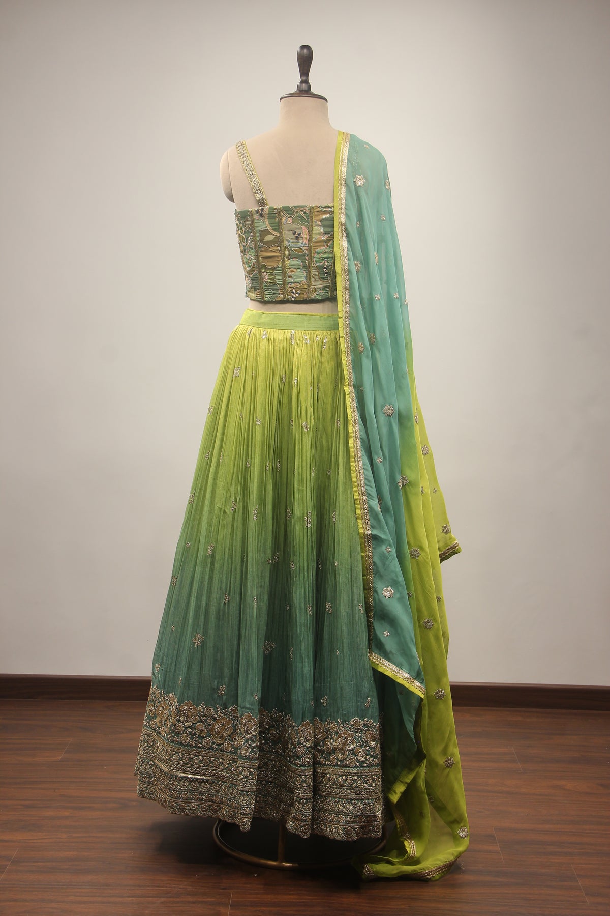 Green Tissue Lehenga with Corset Blouse, Printed & Cut Dana Handwork