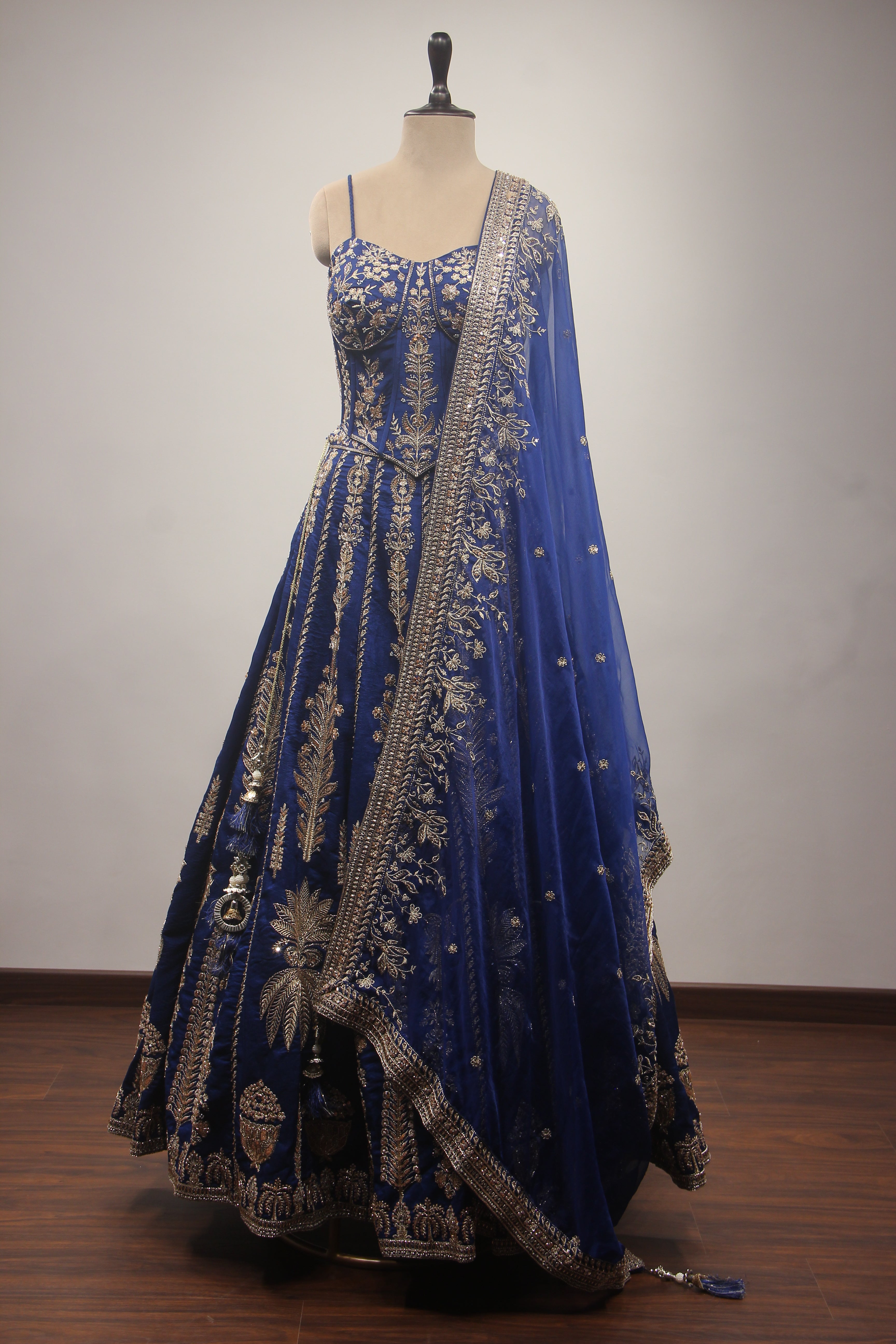 Royal Blue Dupion Lehenga with Corset Blouse, Zari & Cut Dana Handwork