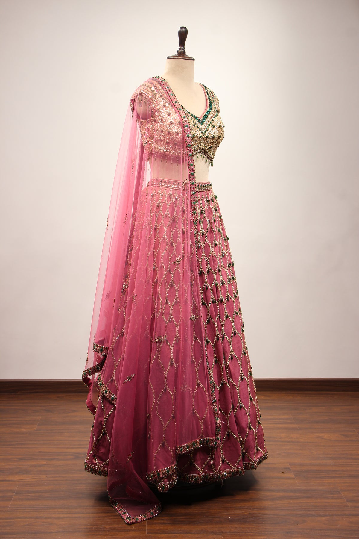 Onion Pink Shimmer Tissue Lehenga, Hand Embroidery & Sequin Handwork – other side view