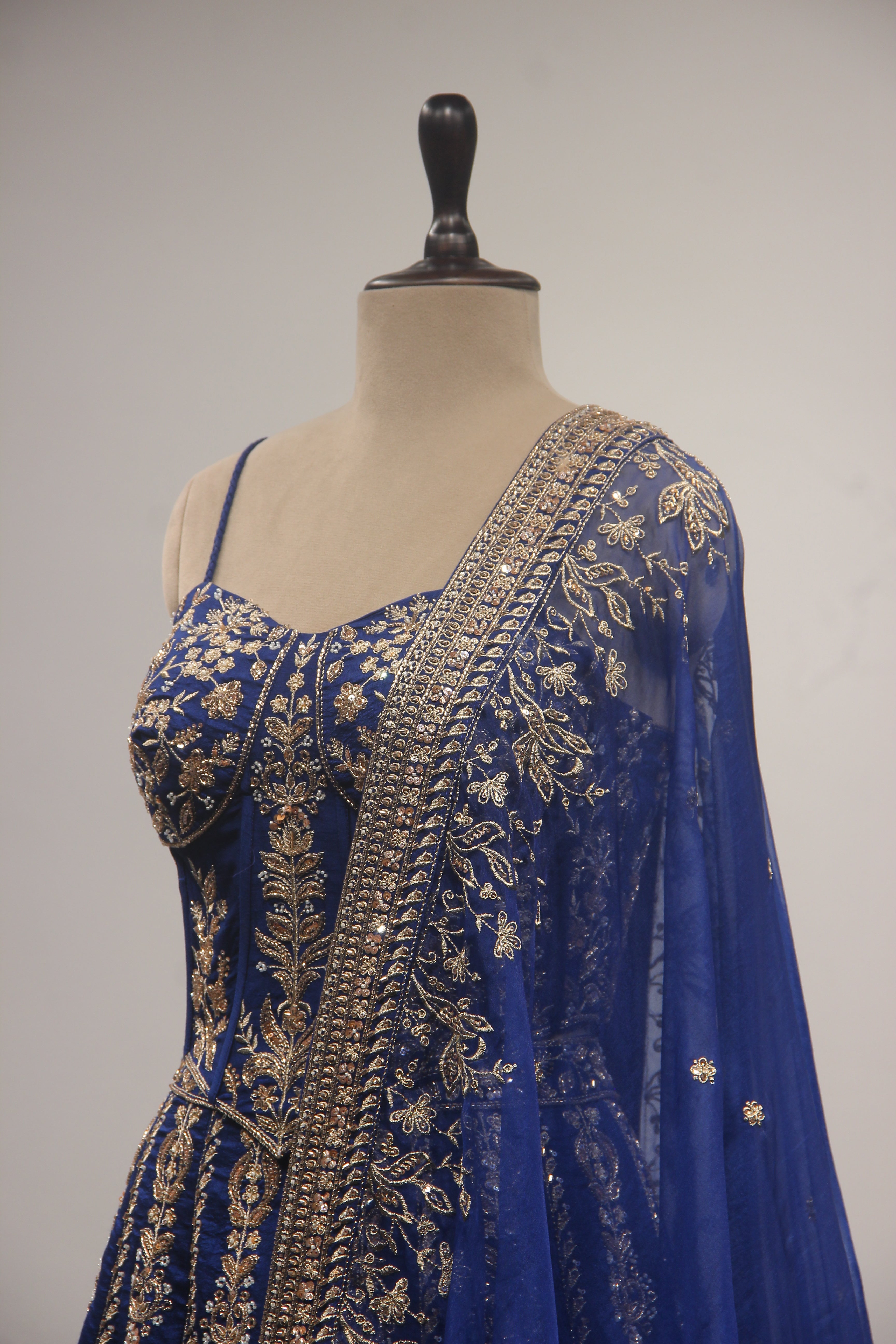 Royal Blue Dupion Lehenga with Corset Blouse, Zari & Cut Dana Handwork
