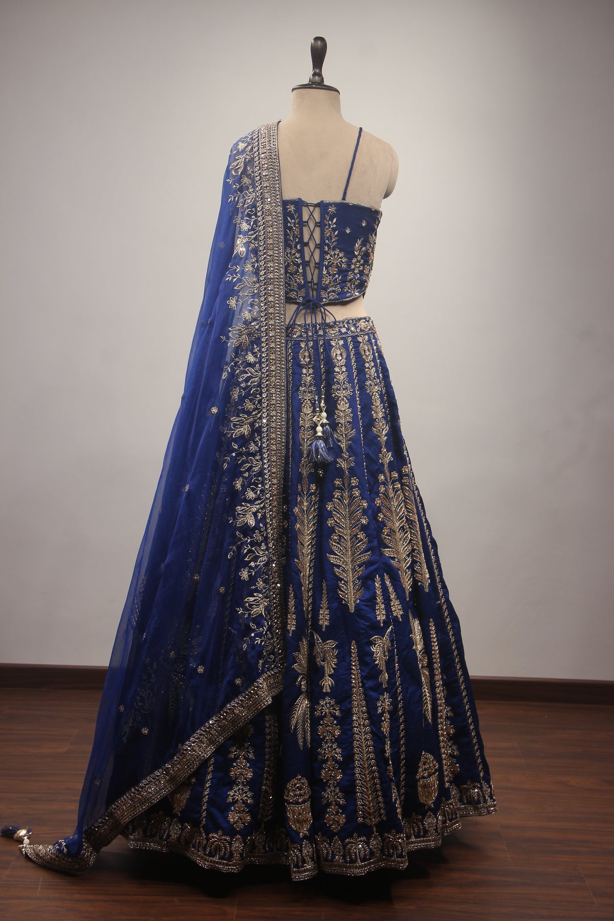 Royal Blue Dupion Lehenga with Corset Blouse, Zari & Cut Dana Handwork