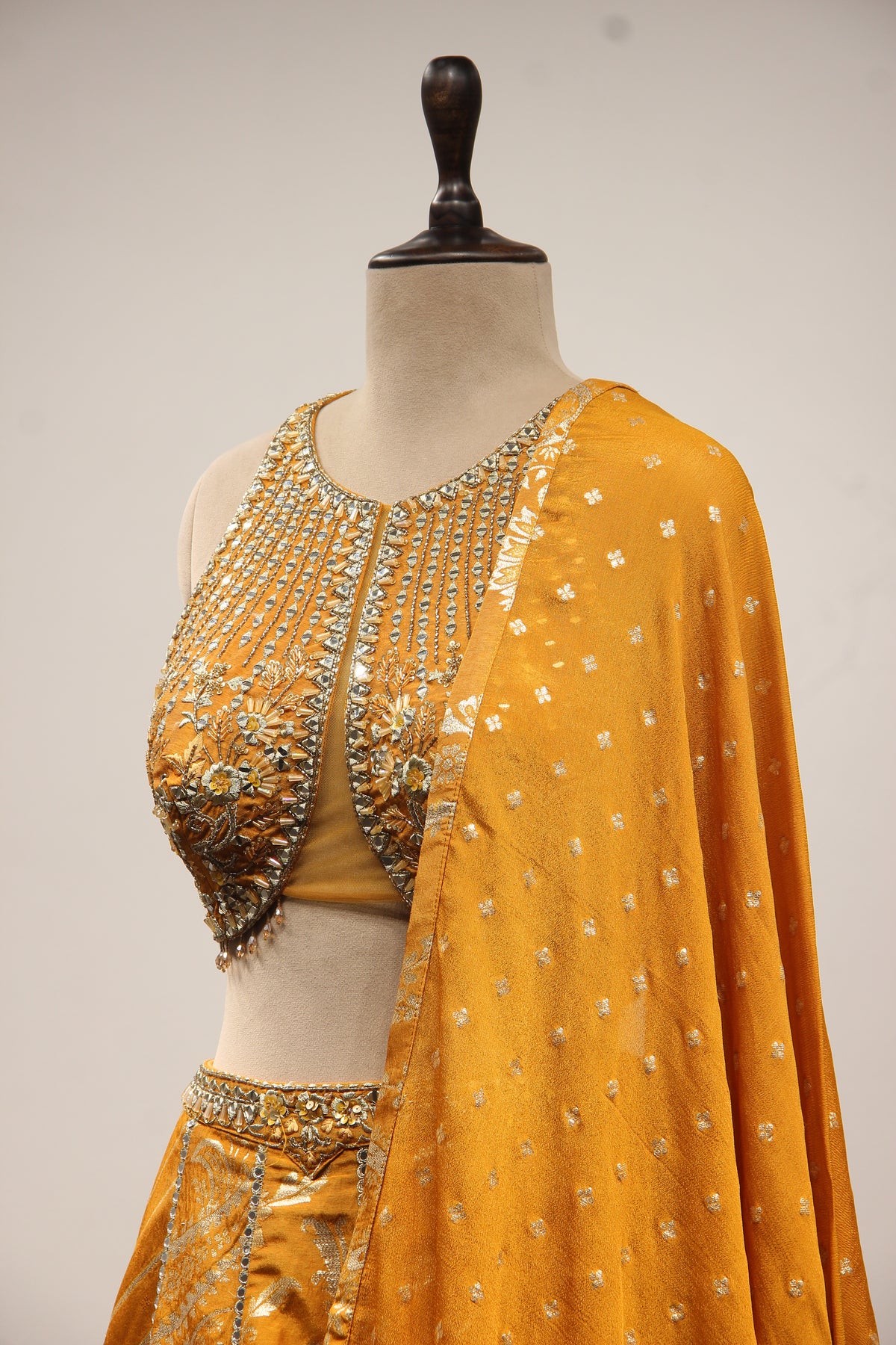 Mustard Banarasi Brocade Lehenga with Mirror & Zari Handwork
