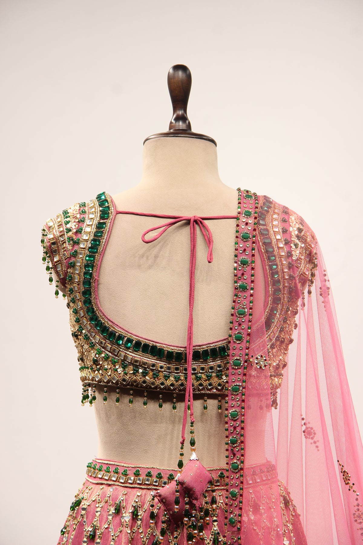 Onion Pink Shimmer Tissue Lehenga, Hand Embroidery & Sequin Handwork – back close-up