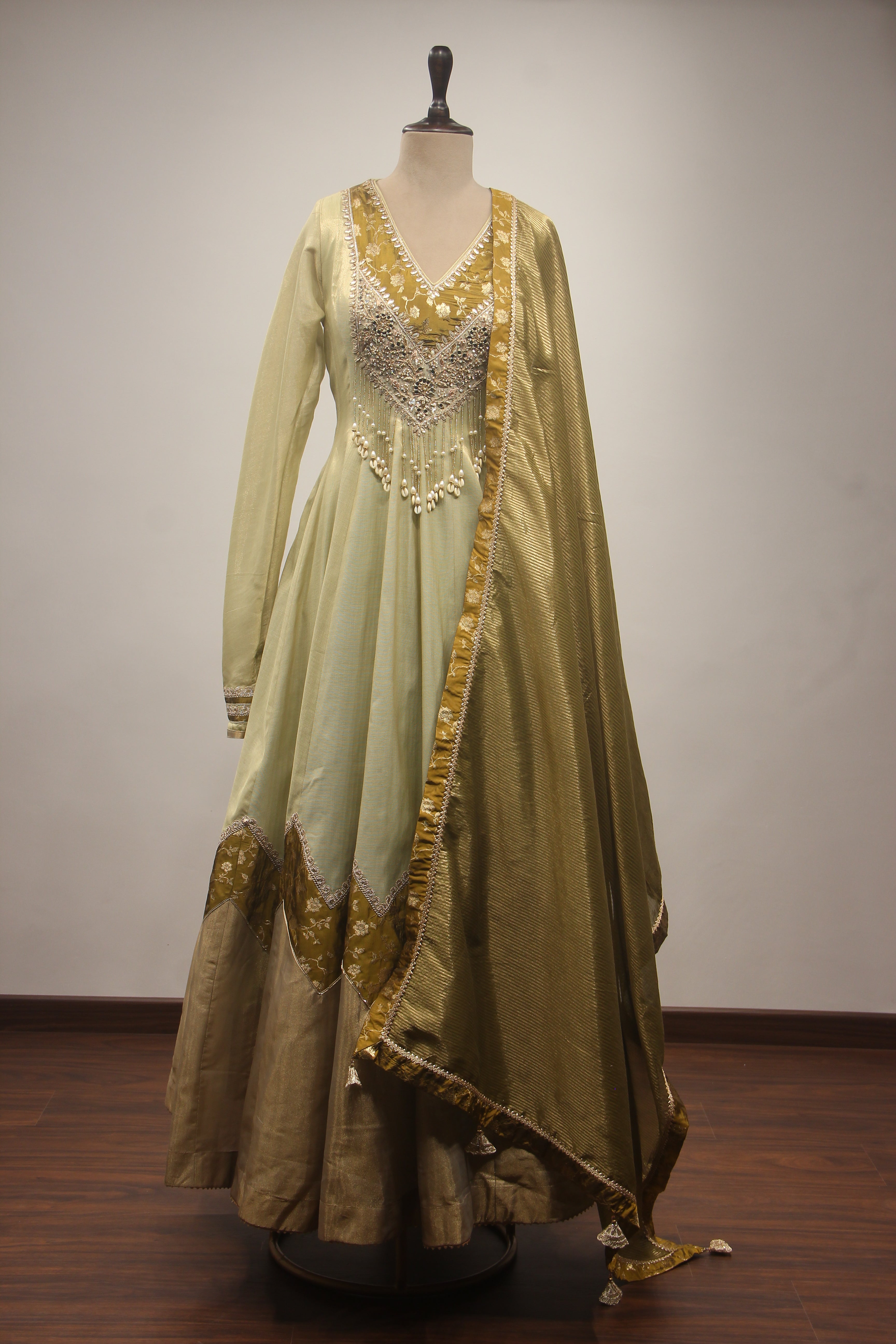 Pista Green Tissue Floor-Length Gown with Mirror & Bead Handwork