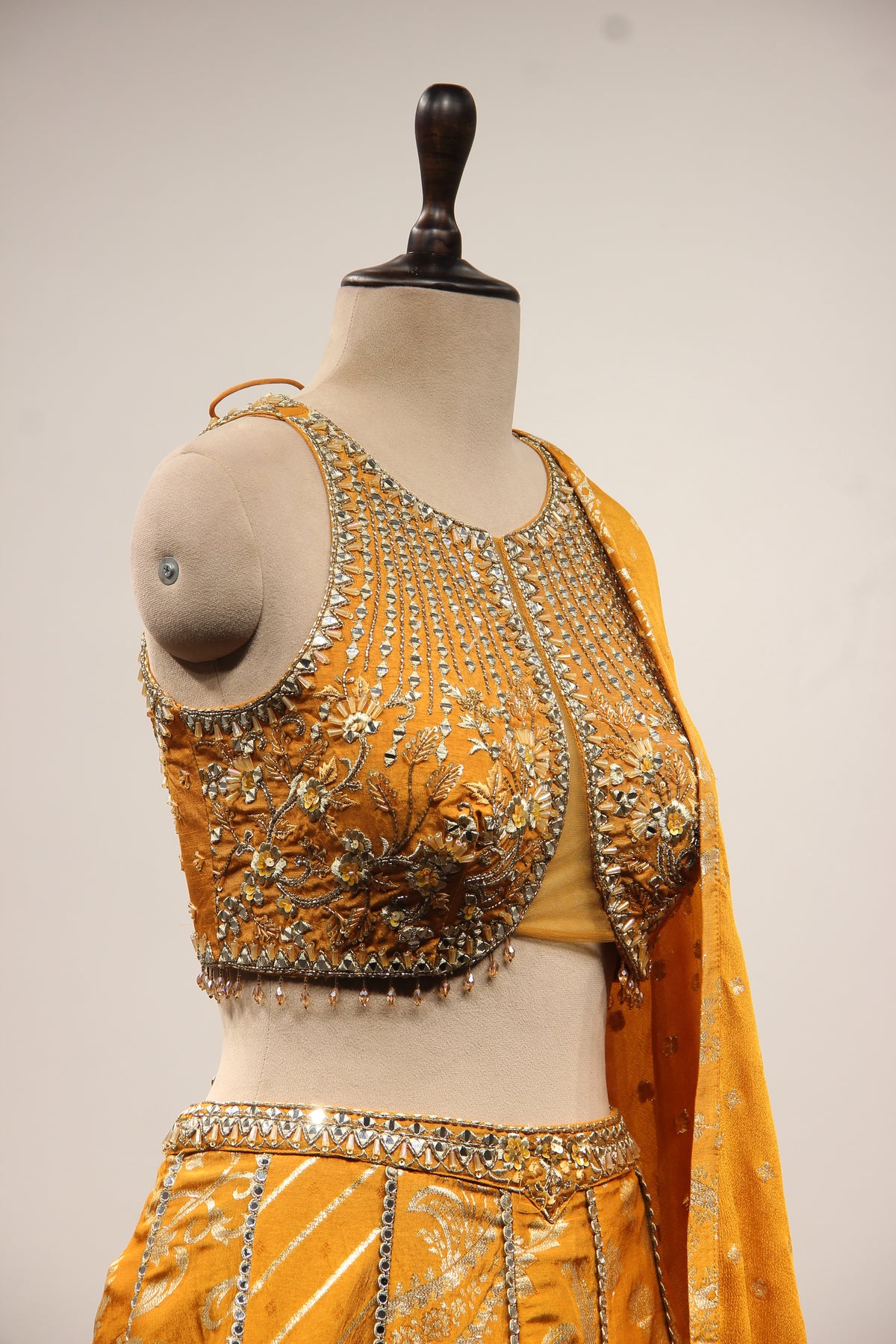 Mustard Banarasi Brocade Lehenga with Mirror & Zari Handwork
