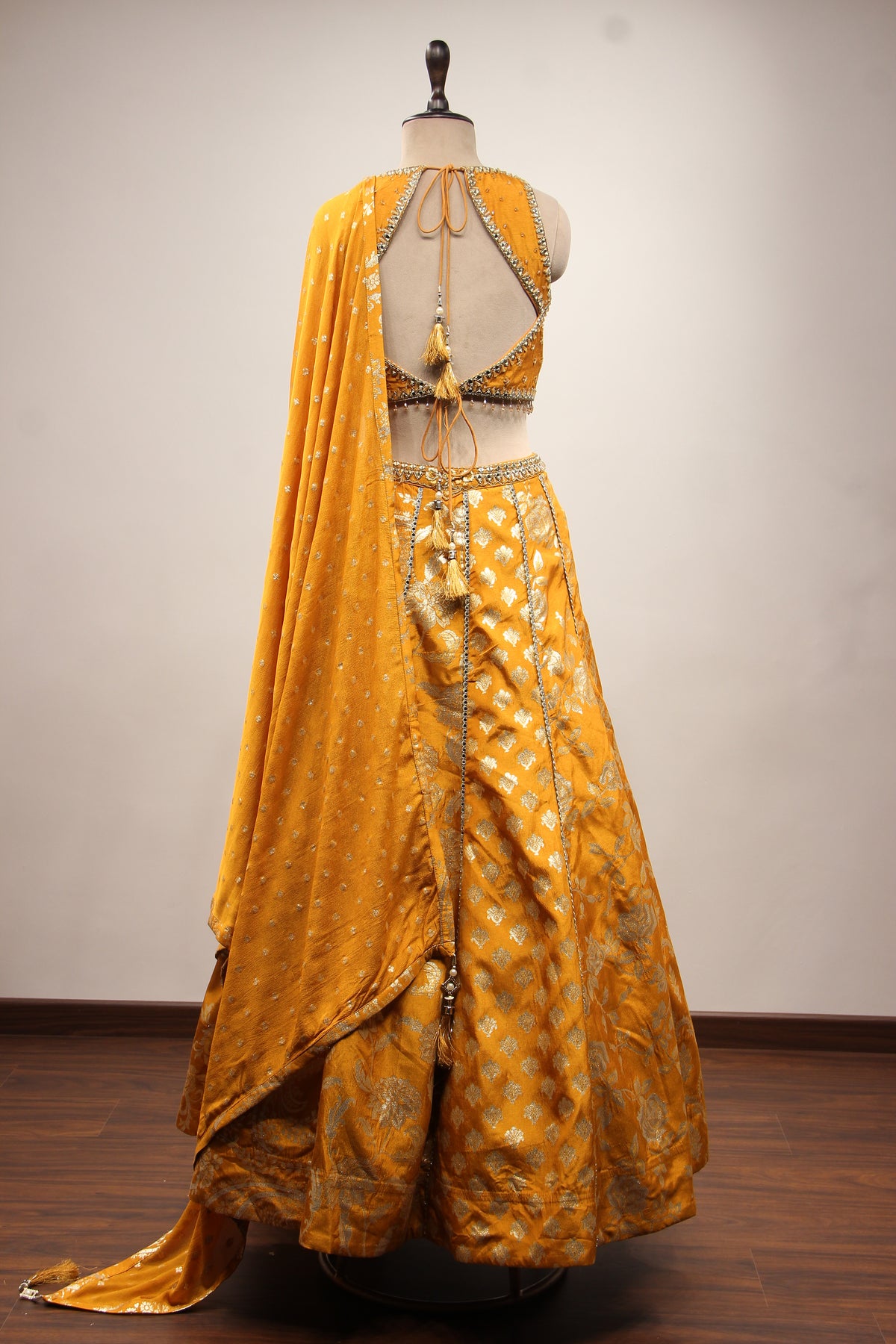 Mustard Banarasi Brocade Lehenga with Mirror & Zari Handwork