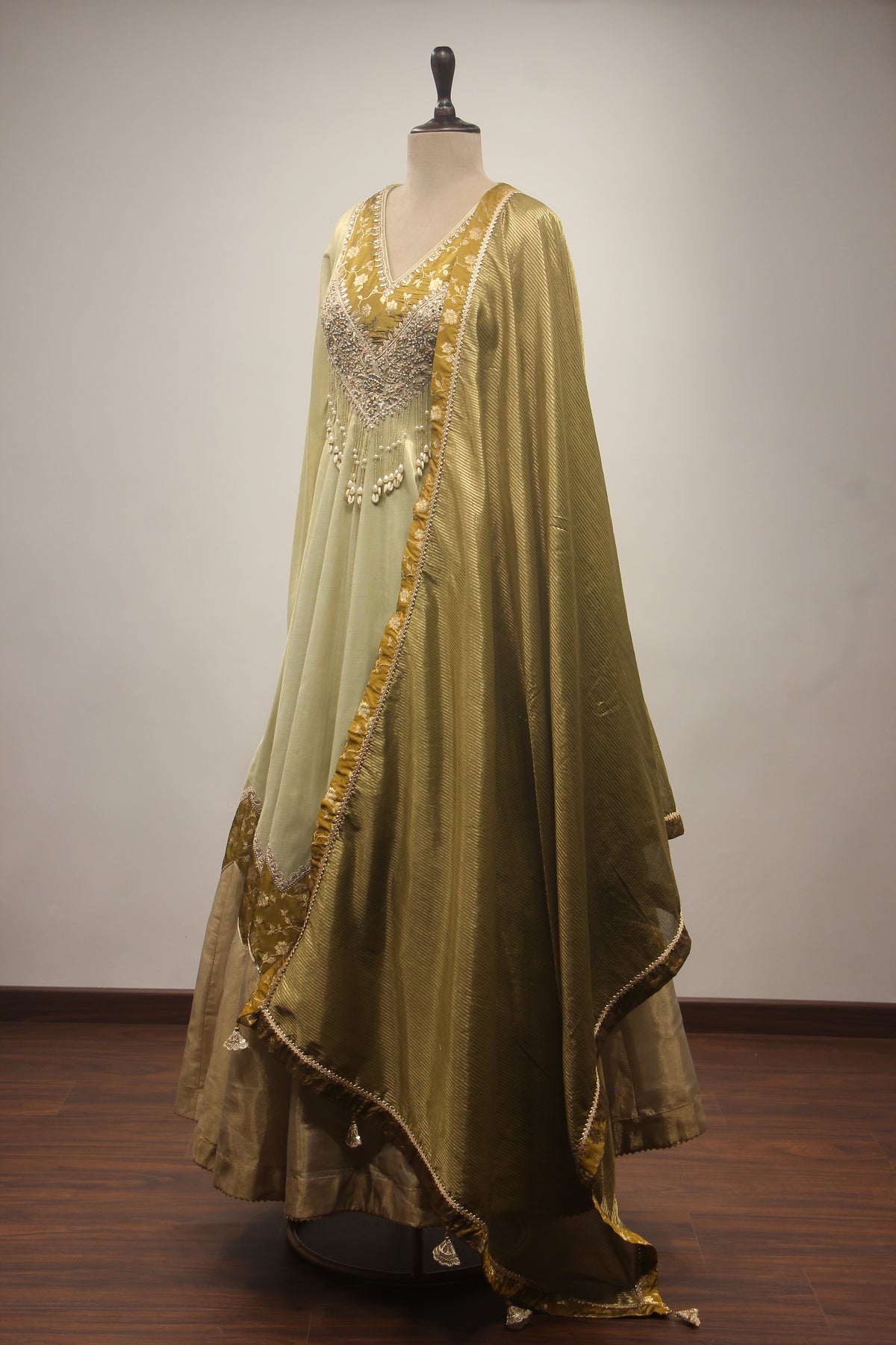 Pista Green Tissue Floor-Length Gown with Mirror & Bead Handwork