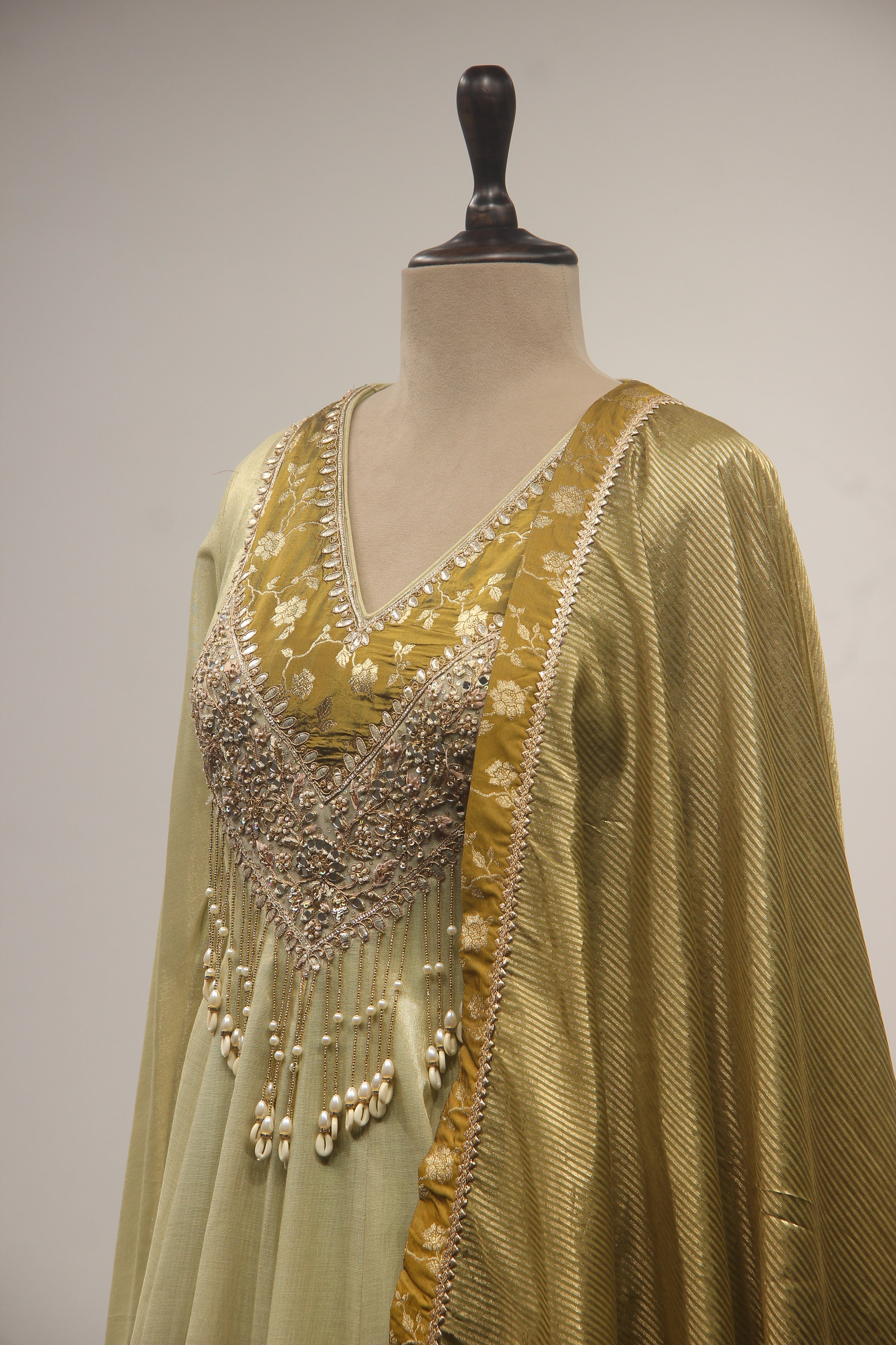 Pista Green Tissue Floor-Length Gown with Mirror & Bead Handwork