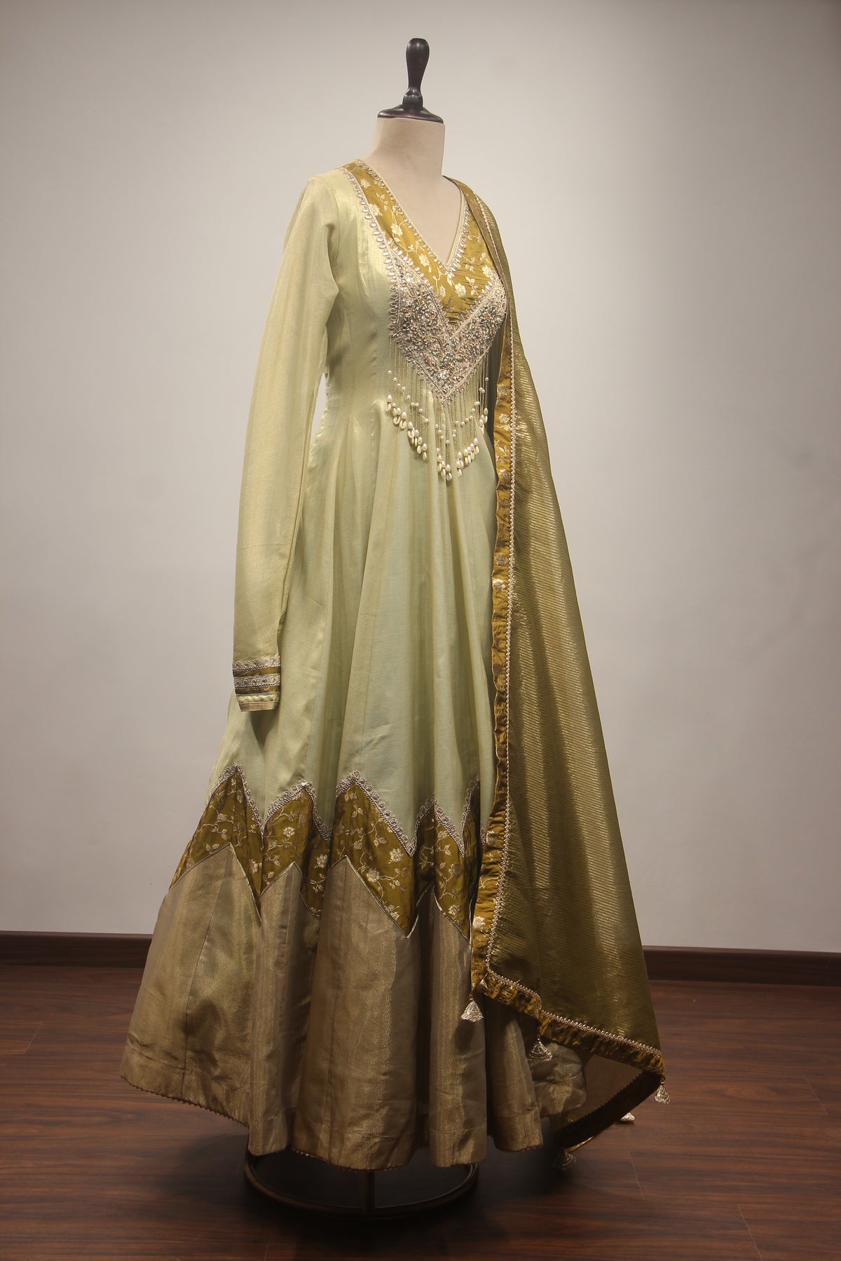 Pista Green Tissue Floor-Length Gown with Mirror & Bead Handwork