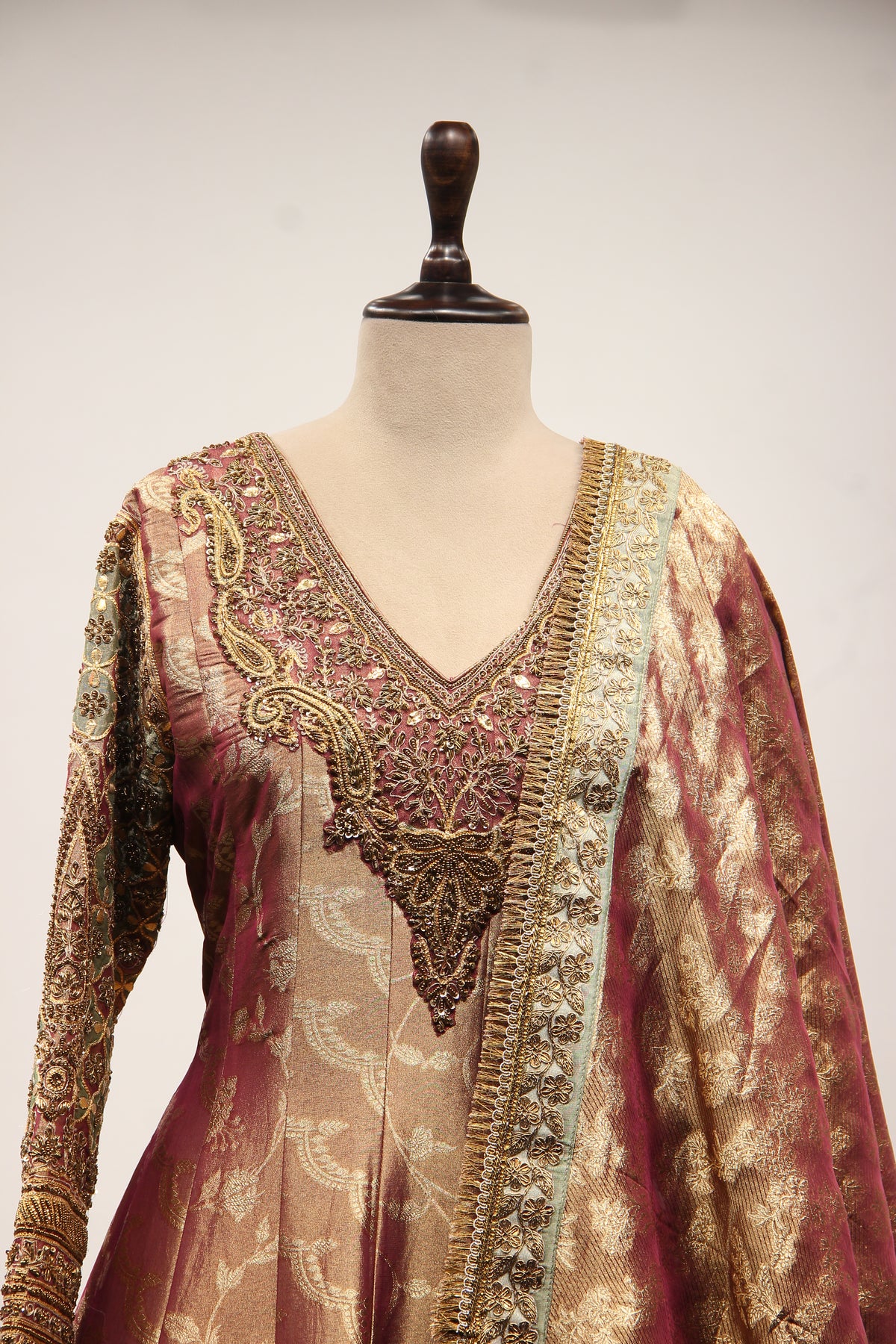 Maroon Banarasi Brocade Anarkali Gown, Hand Embroidery & Zari Handwork – front close-up