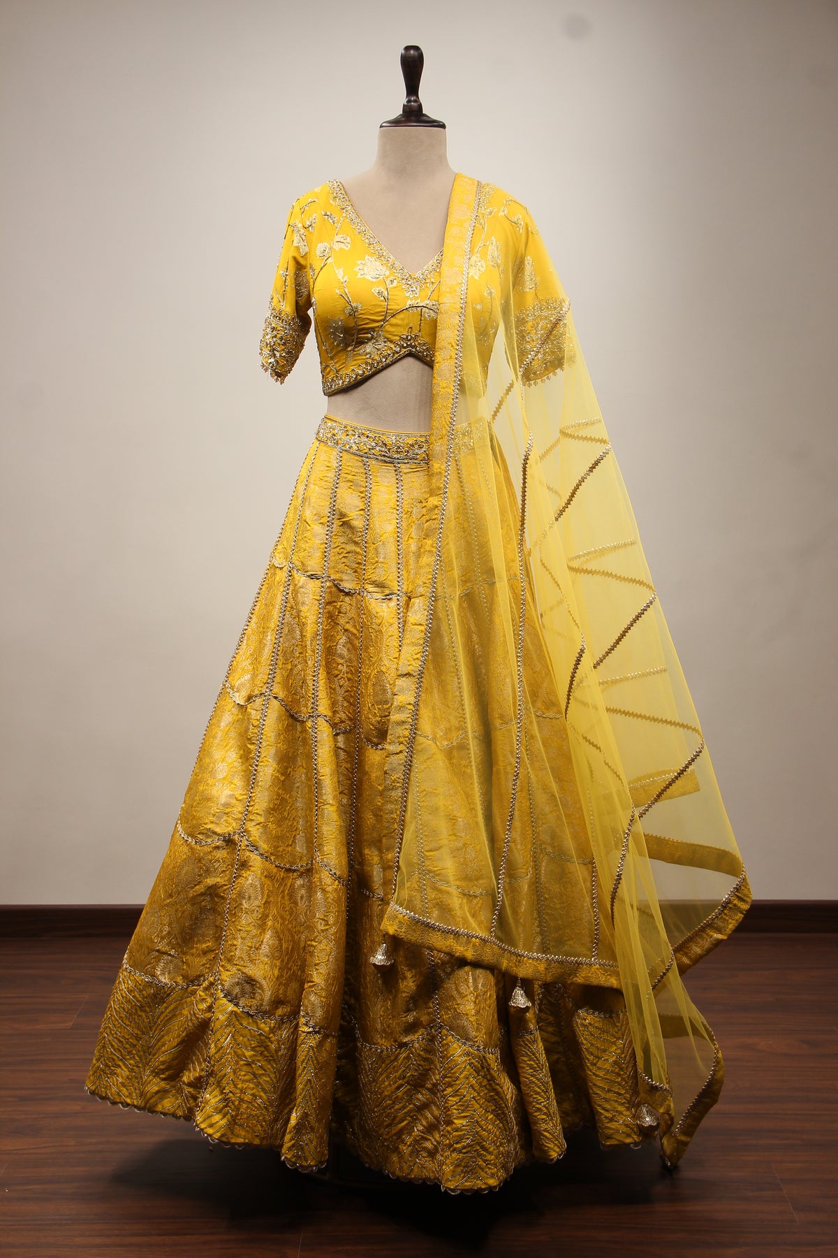 Banarasi Brocade Lehenga with Zari & Zardozi Handwork Crop Top
