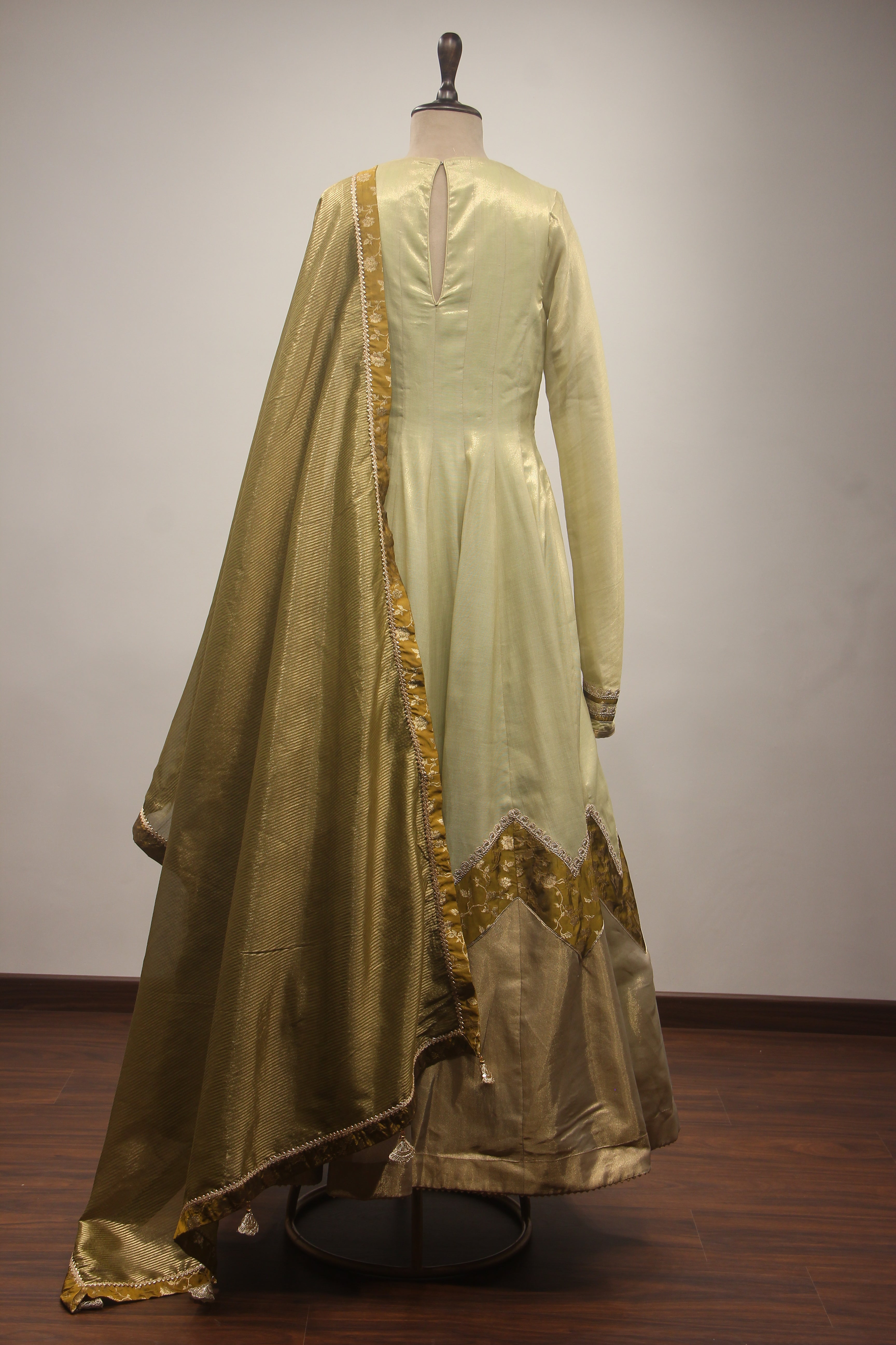 Pista Green Tissue Floor-Length Gown with Mirror & Bead Handwork