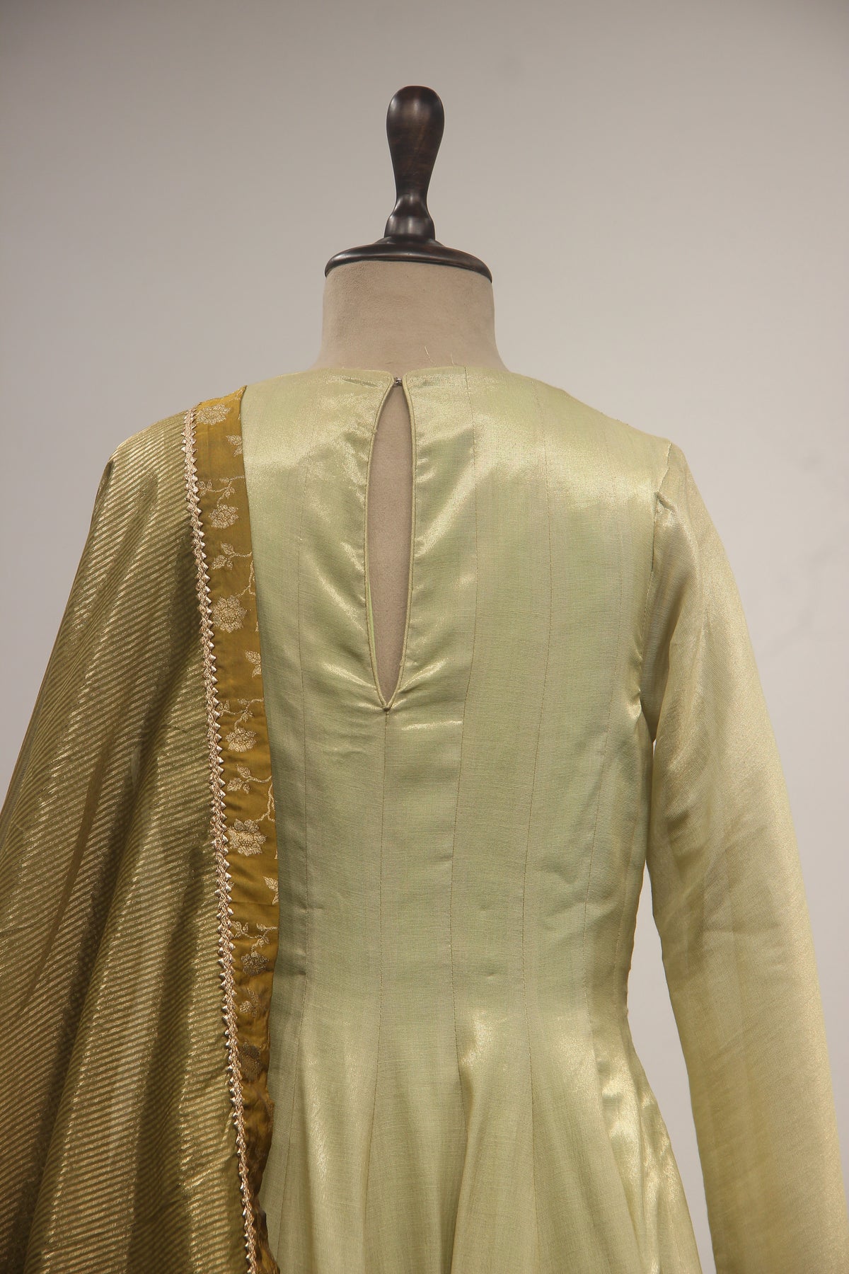 Pista Green Tissue Floor-Length Gown with Mirror & Bead Handwork