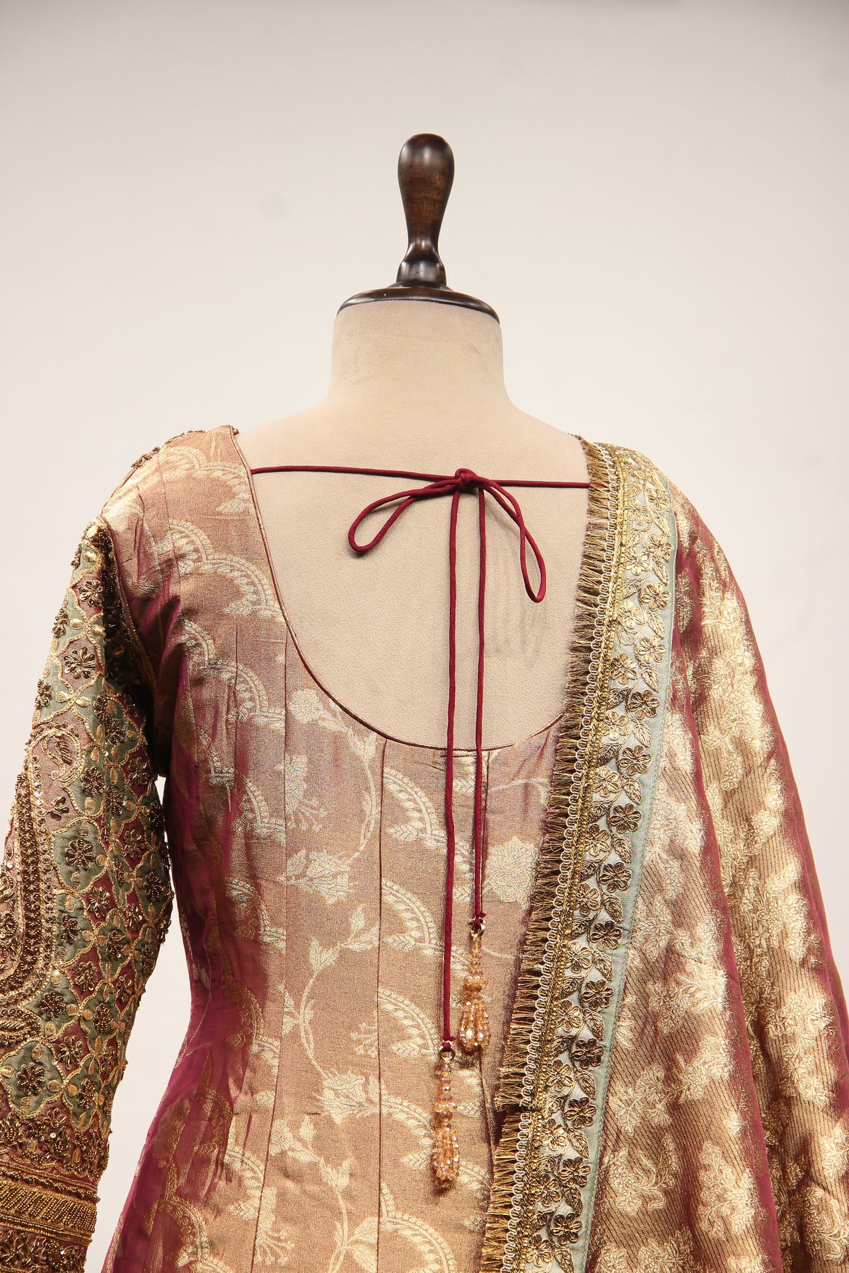 Maroon Banarasi Brocade Anarkali Gown, Hand Embroidery & Zari Handwork – back close-up