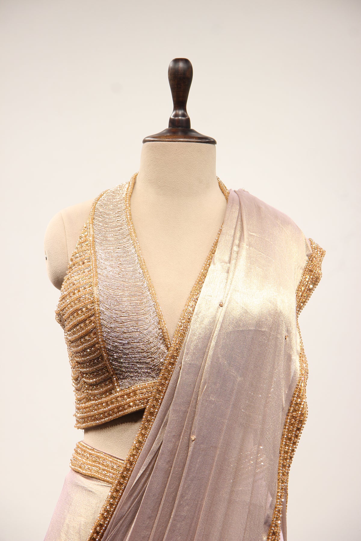 Gold Shimmer Tissue Halter Drape Saree with Cut Dana & Bead Handwork – front close-up