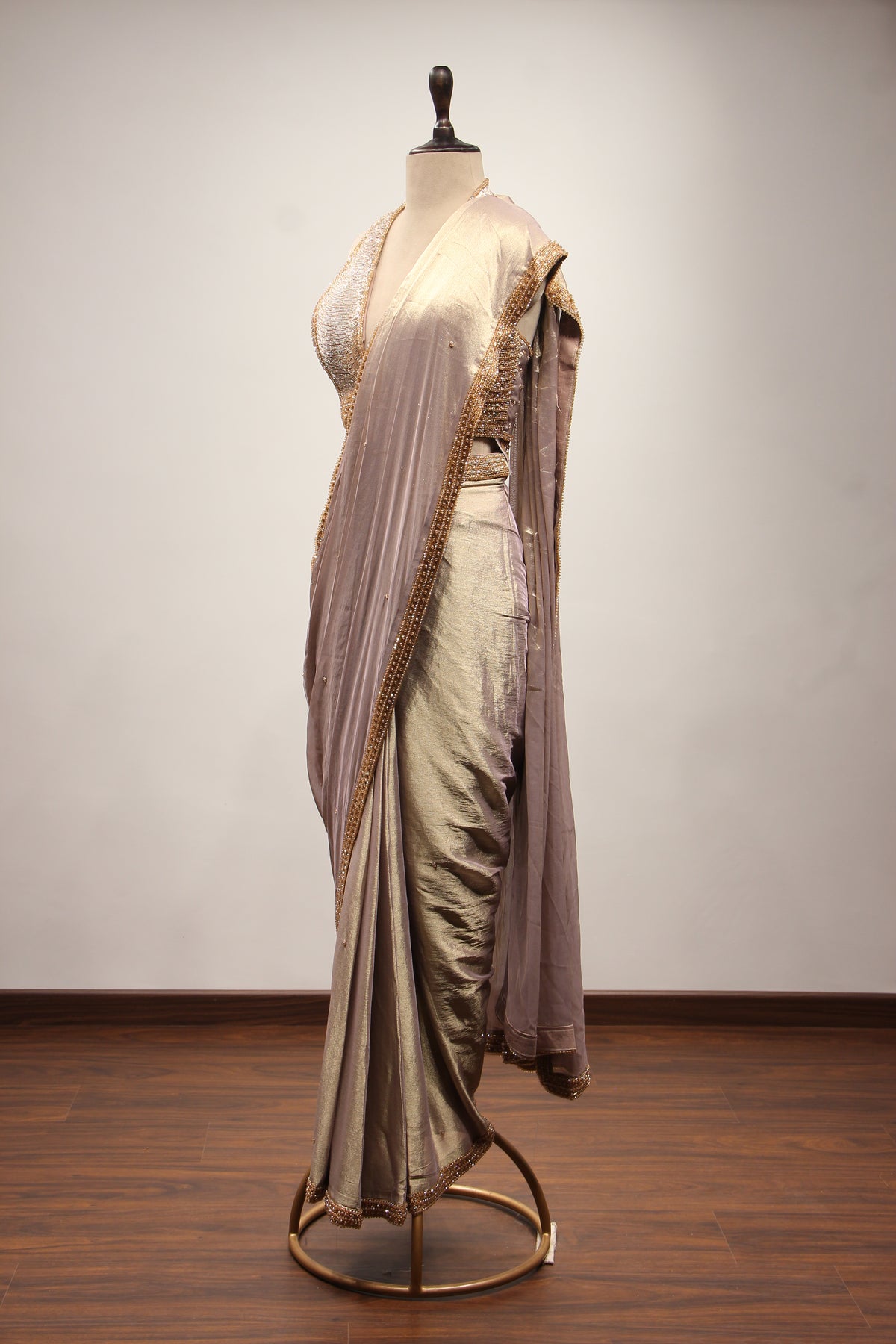 Gold Shimmer Tissue Halter Drape Saree with Cut Dana & Bead Handwork – side view