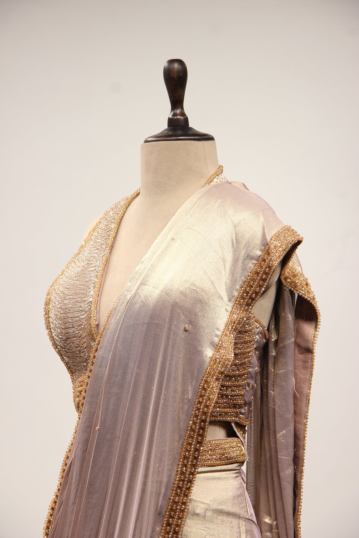 Gold Shimmer Tissue Halter Drape Saree with Cut Dana & Bead Handwork – side close-up