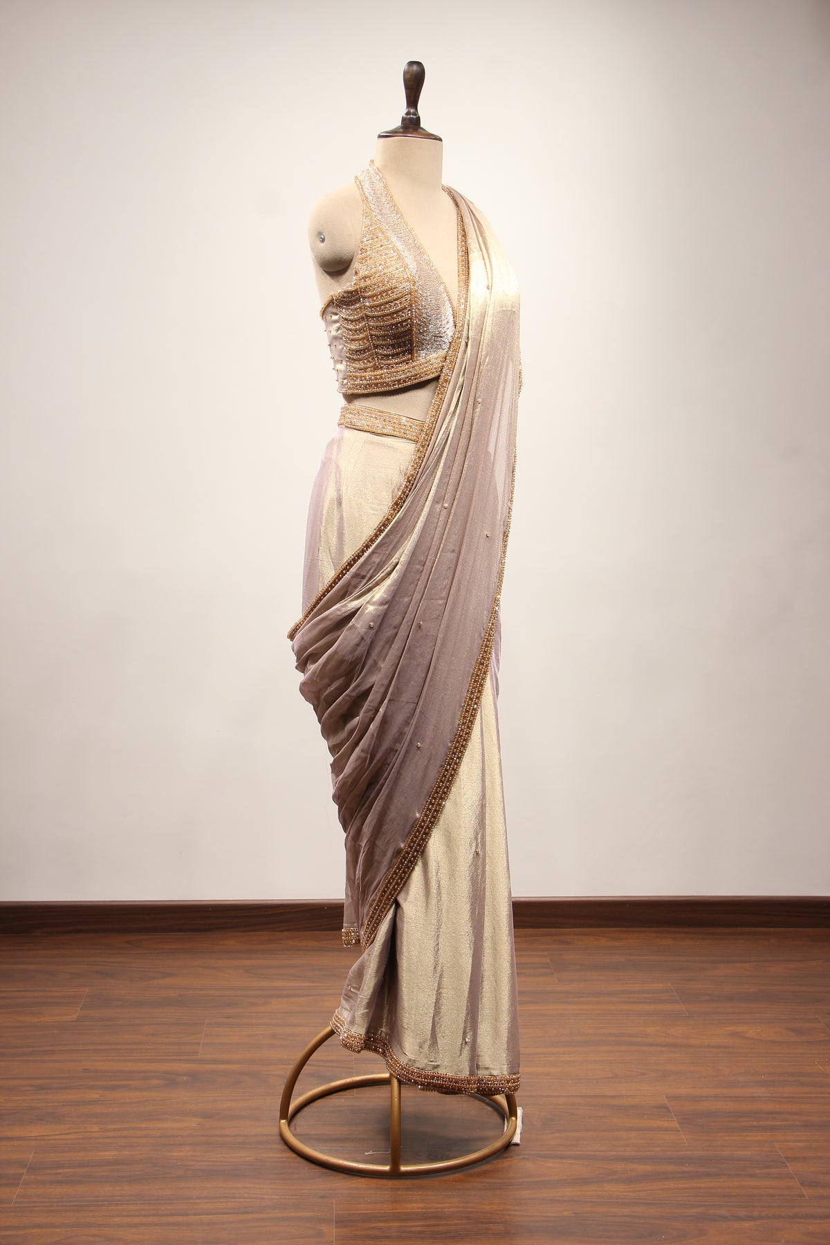 Gold Shimmer Tissue Halter Drape Saree with Cut Dana & Bead Handwork – other side view