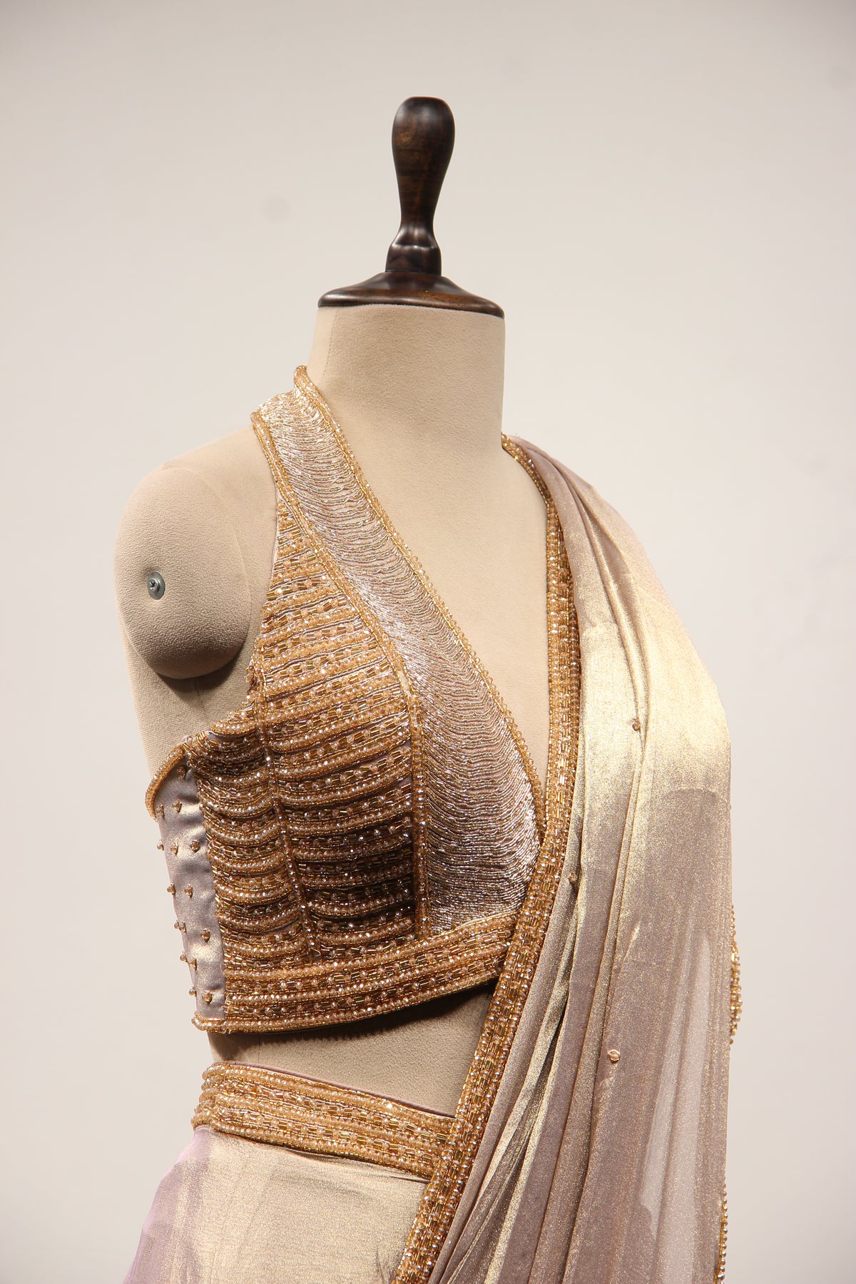 Gold Shimmer Tissue Halter Drape Saree with Cut Dana & Bead Handwork – other side close-up