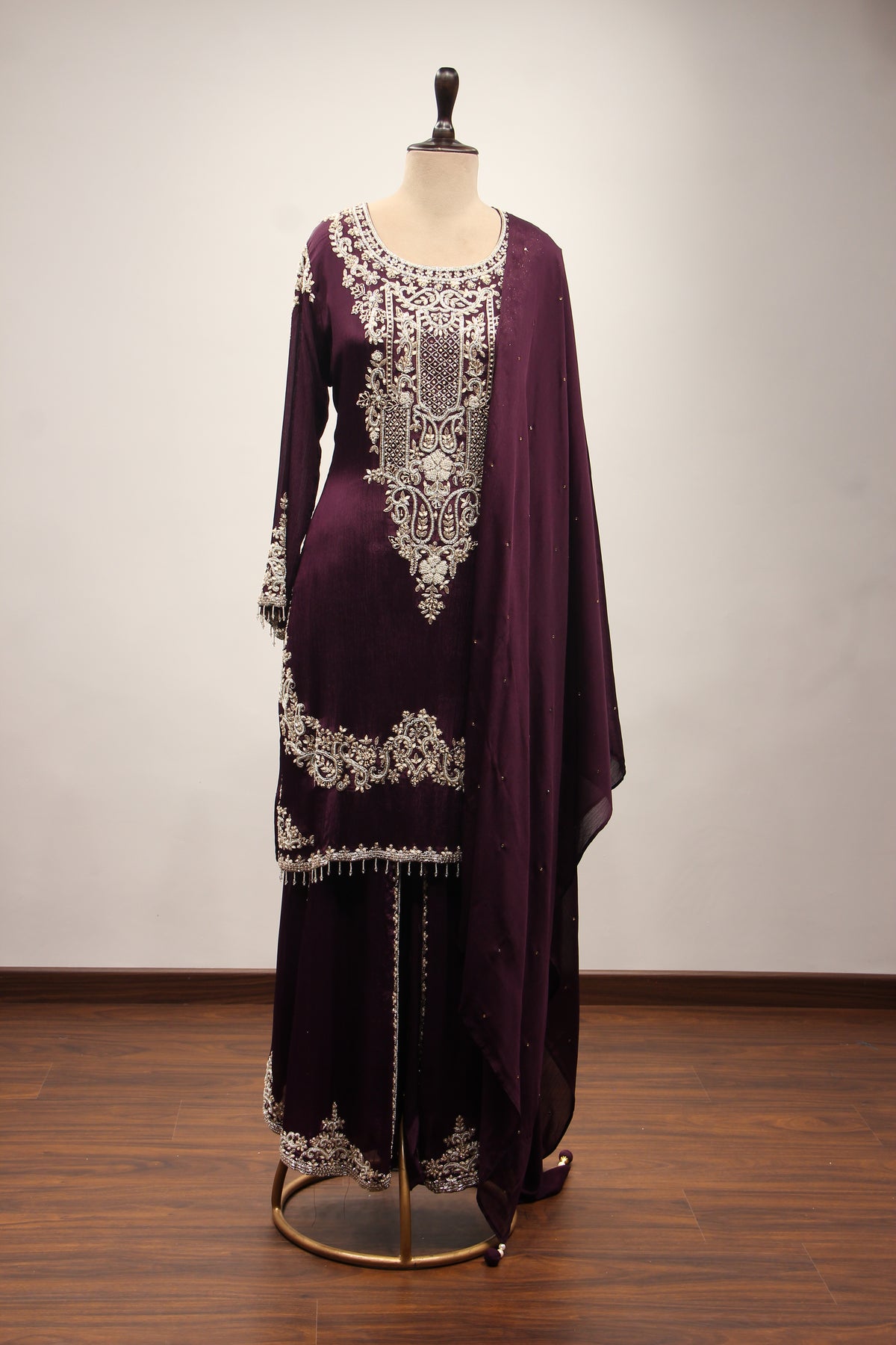 Crepe Sharara with Cut Dana & Bead Handwork, Full Sleeves