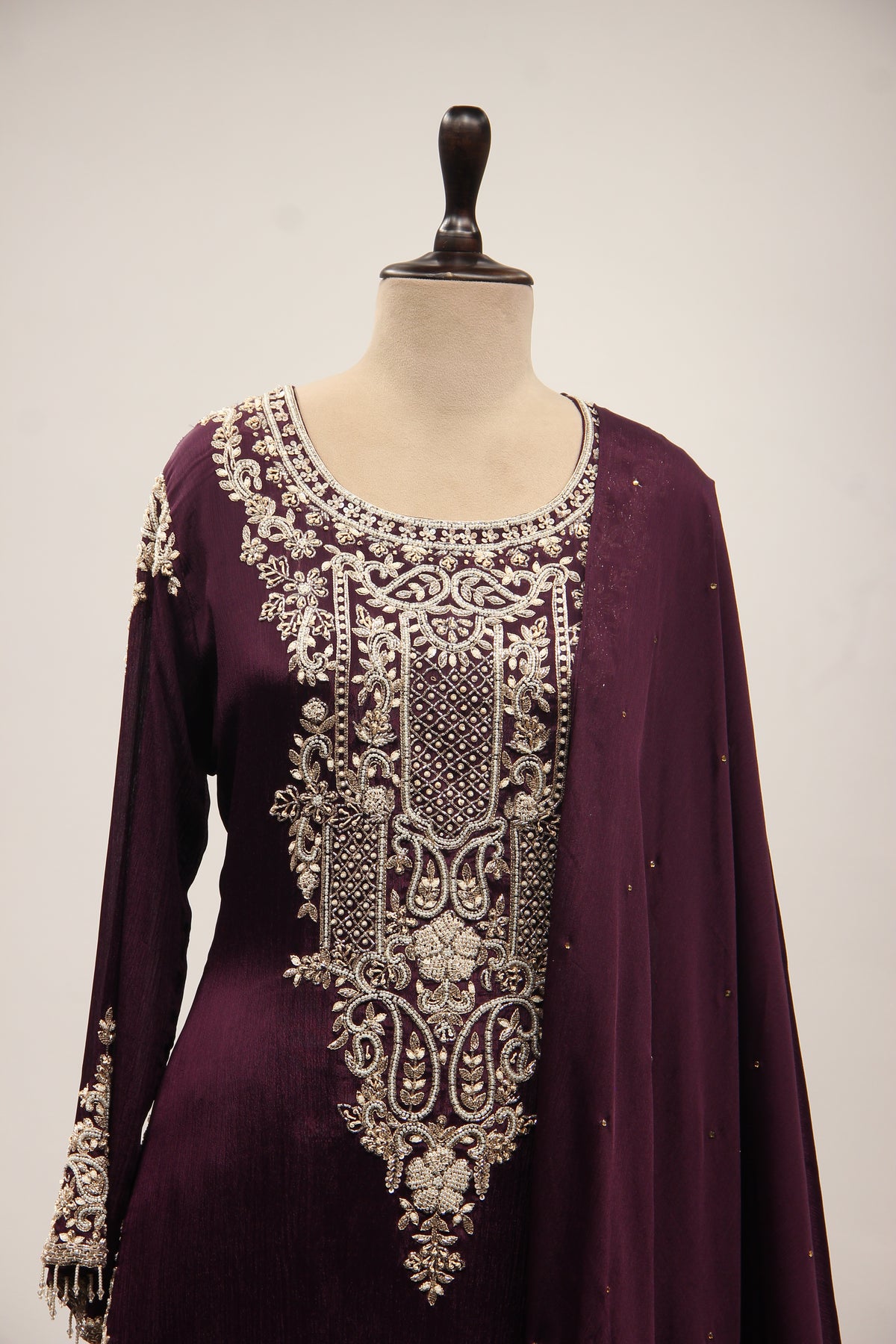 Crepe Sharara with Cut Dana & Bead Handwork, Full Sleeves in Wine – front close-up