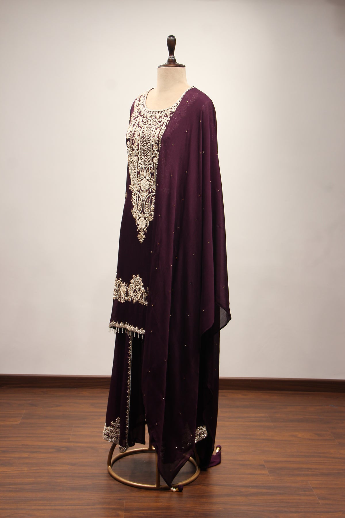 Crepe Sharara with Cut Dana & Bead Handwork, Full Sleeves