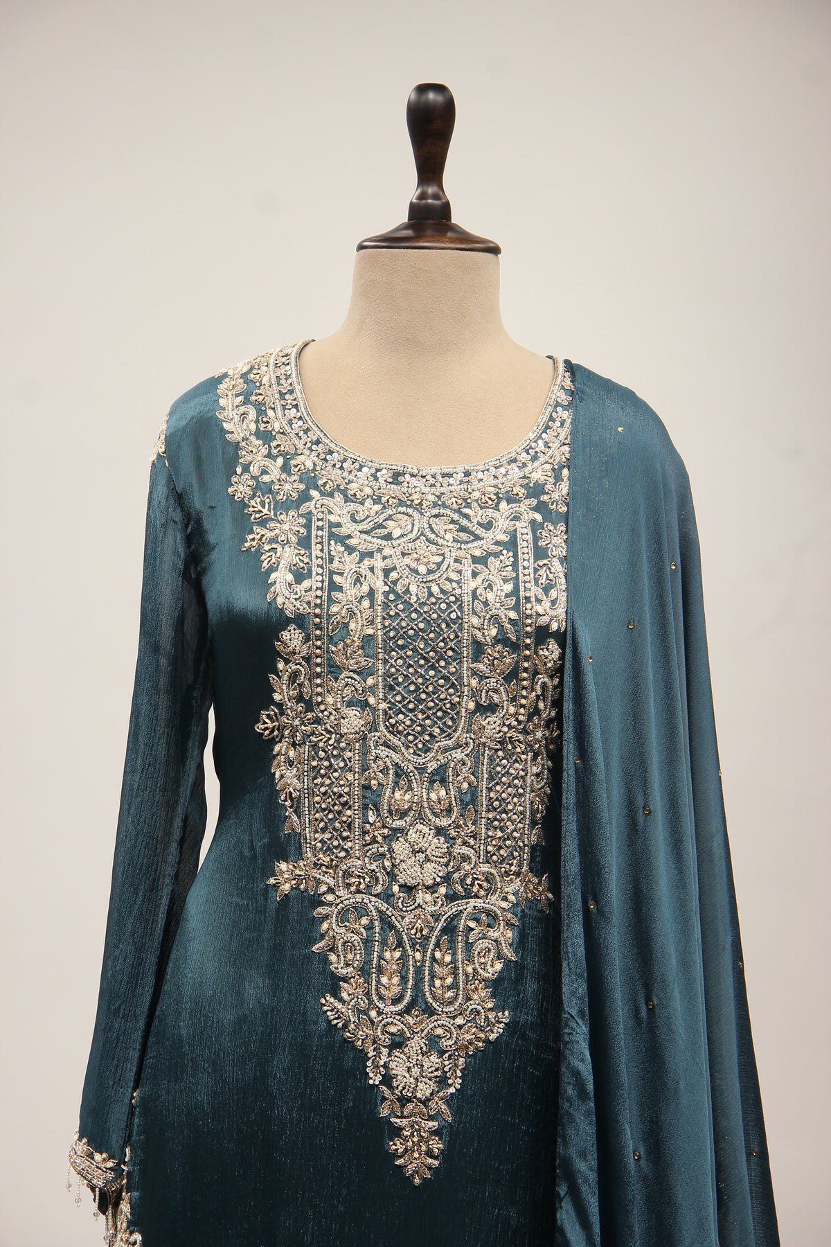 Crepe Sharara with Cut Dana & Bead Handwork, Full Sleeves