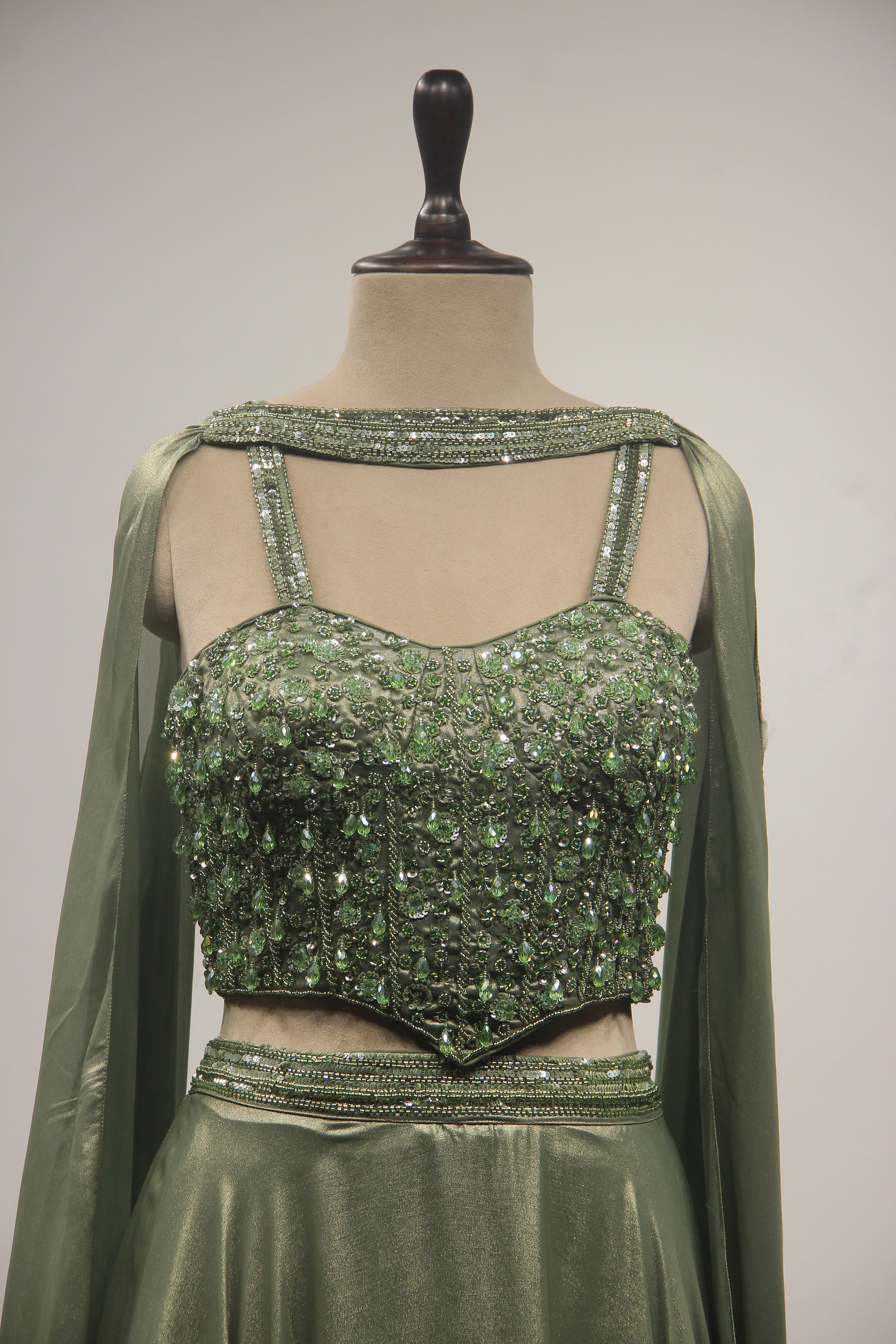 Dusty Green Shimmer Georgette Lehenga with Corset & Choker Dupatta