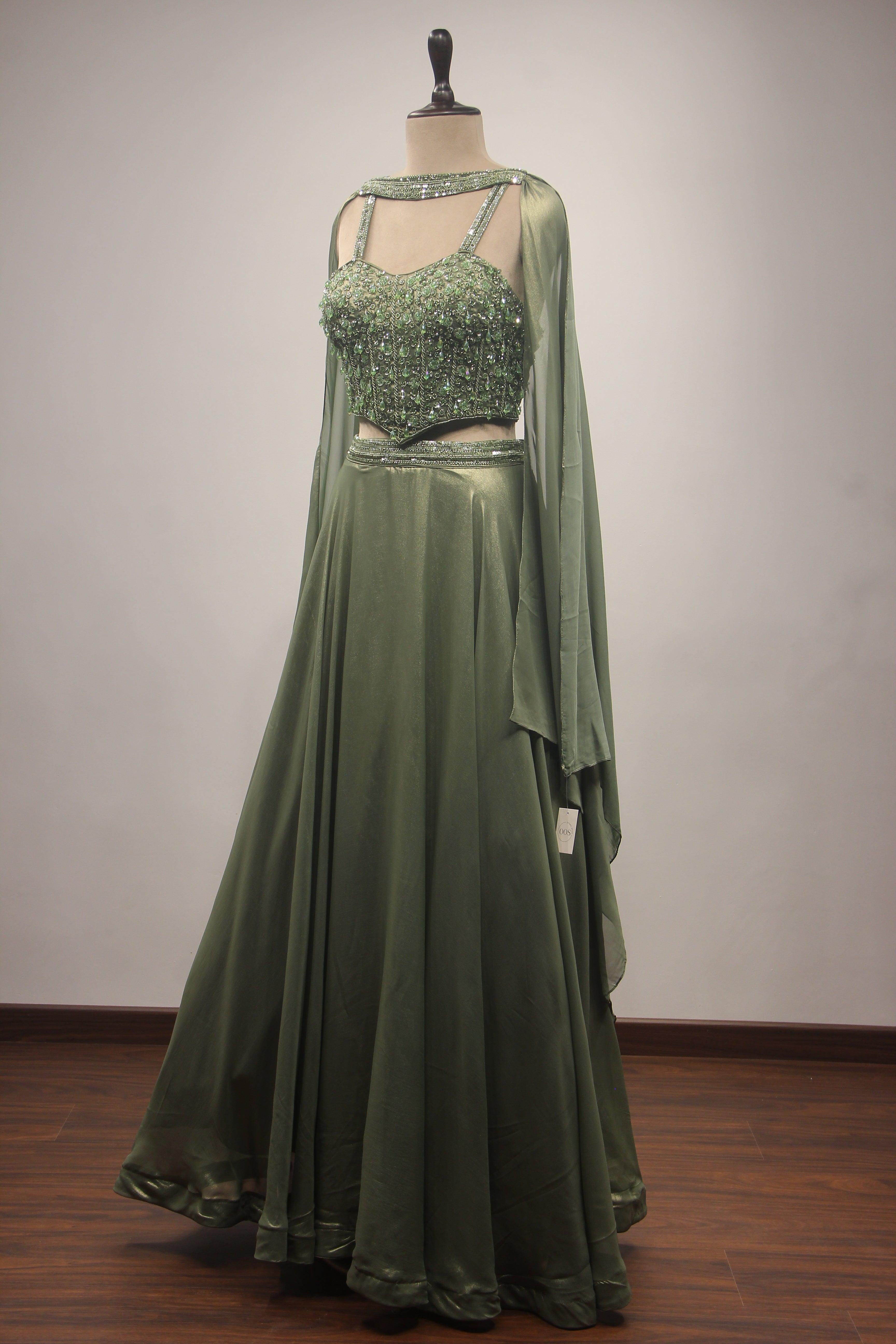 Dusty Green Shimmer Georgette Lehenga with Corset & Choker Dupatta
