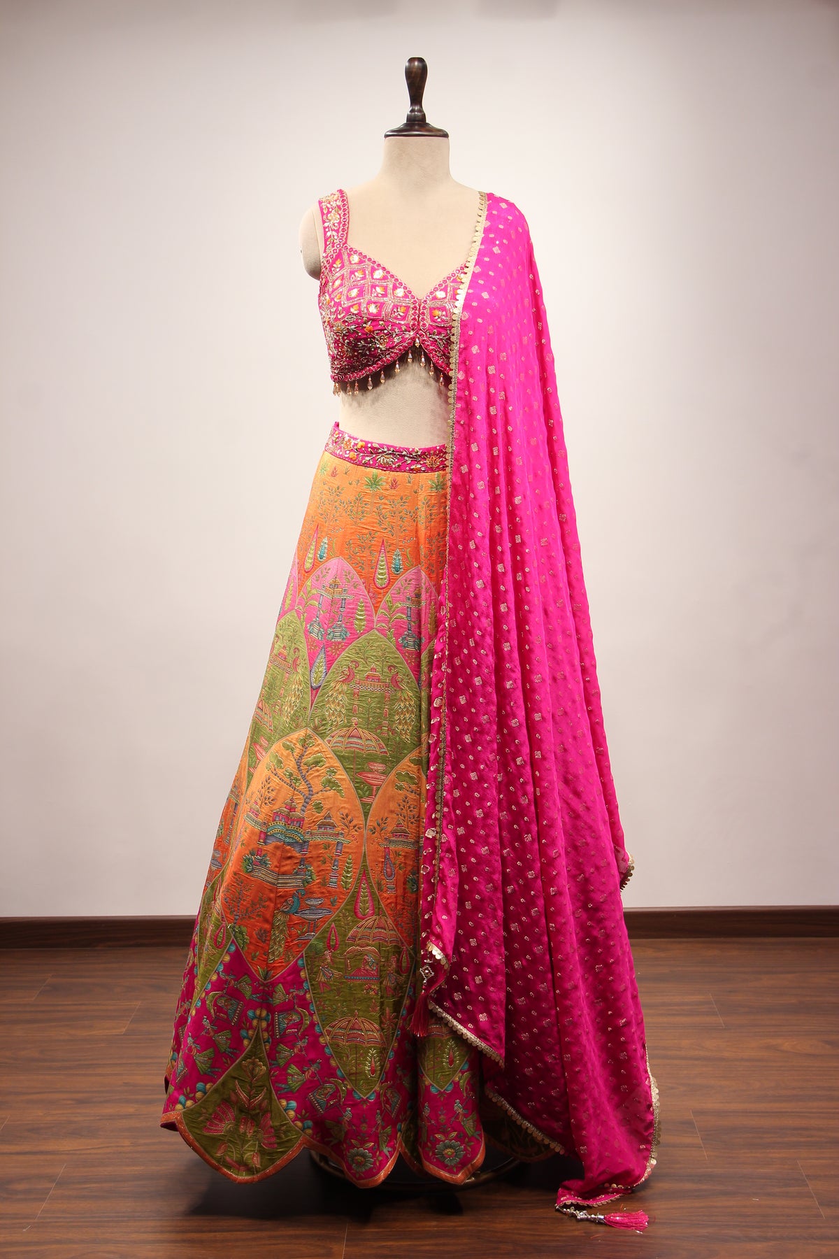 Dupion Lehenga with Printed & Mirror Handwork Crop Top
